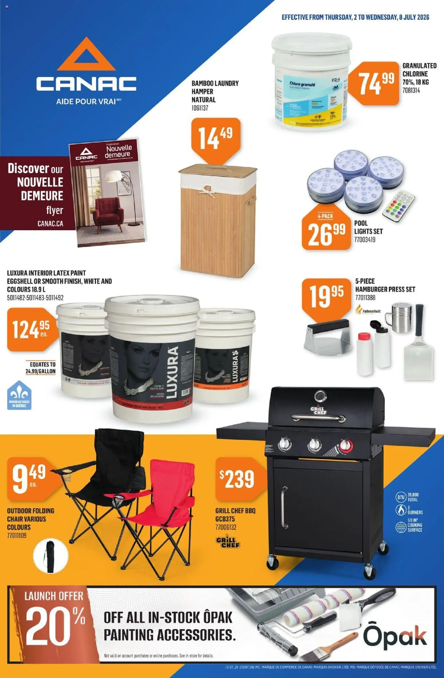 Preview of leaflet Canac weekly flyer from shop Canac is valid from Jul 02, 2026 - Hamburger, Chair, Grill