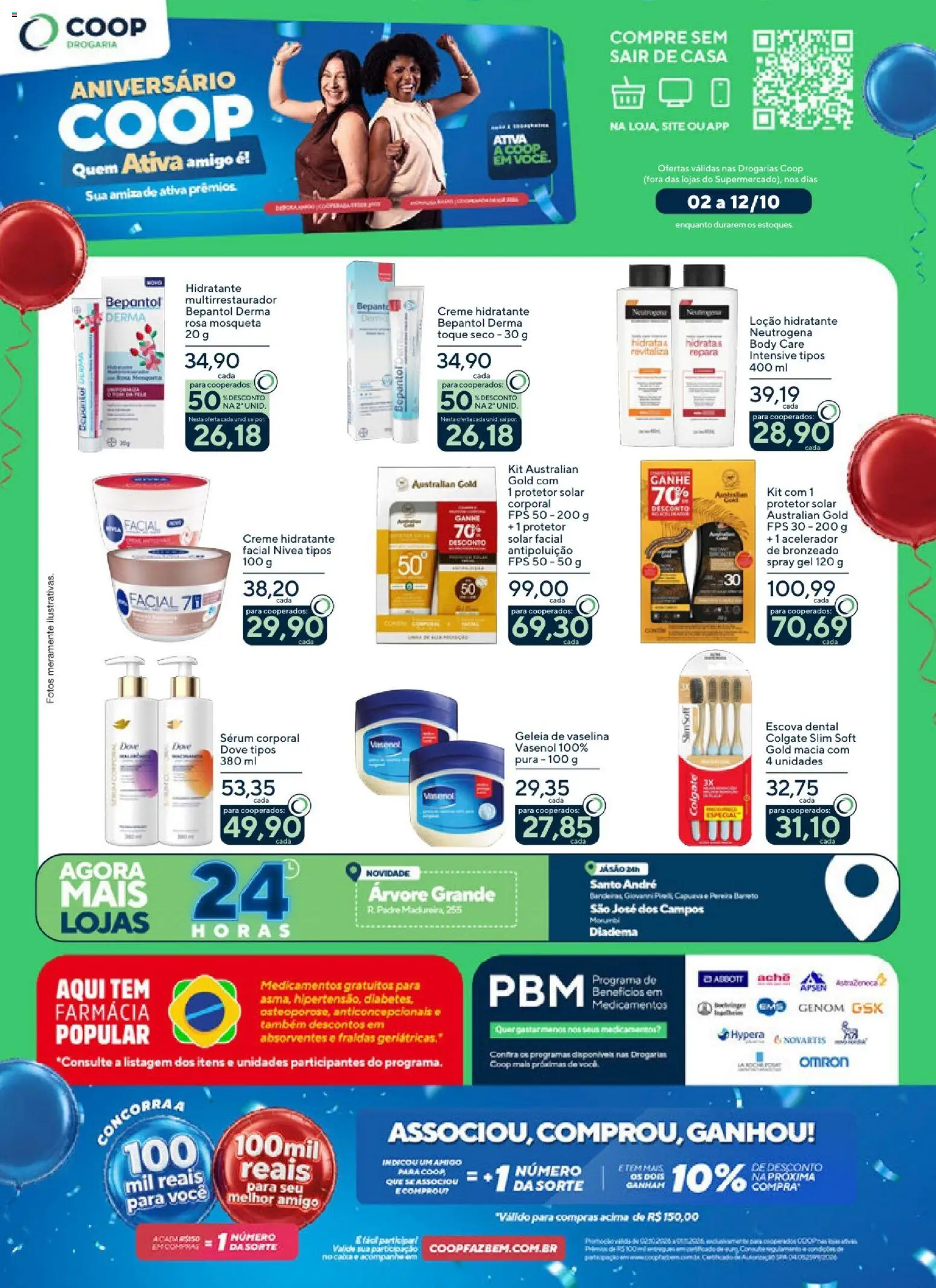 Pré-Visualização do folheto "Coop ofertas Drogarias" da loja Coop válido a partir de 02/10/2026 - Anticoncepcionais, Fraldas, Protetor solar facial, Sal, Creme, Geleia, Escova, Creme hidratante