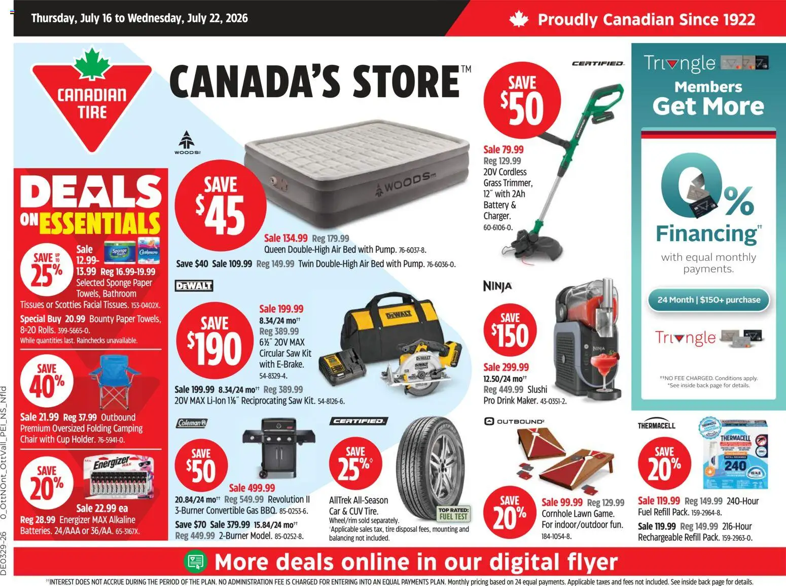 Preview of leaflet Canadian Tire weekly flyer from shop Canadian Tire is valid from Jul 16, 2026 - Bed, Battery, Chair, Sponge, Tissues