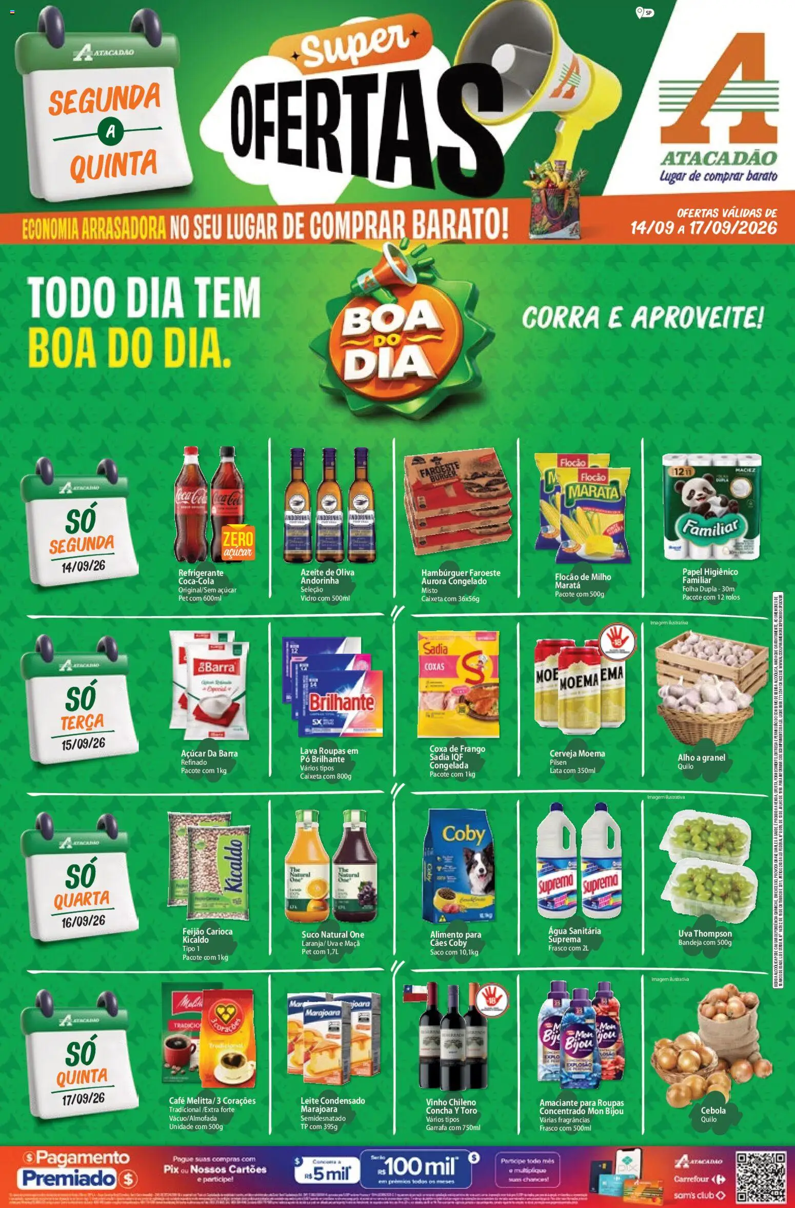 Pré-Visualização do folheto "Atacadão - Ofertas da semana" da loja Atacadão válido a partir de 14/09/2026 - Cerveja, Bebida, Leite, Frango, Suco, Milho, Azeite de oliva, Amaciante