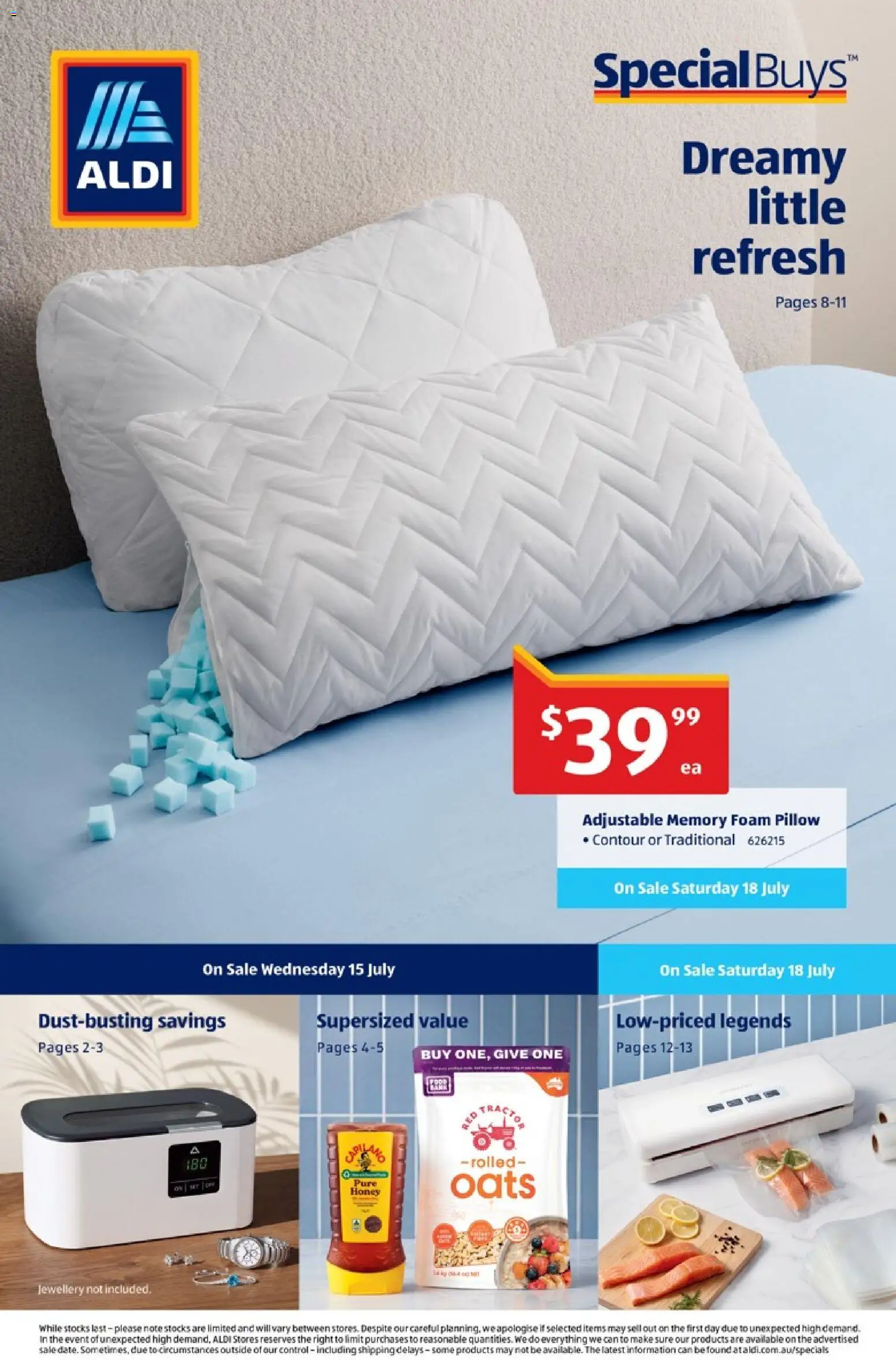 Preview of catalogue Aldi Special Buys from shop Aldi valid 15/07/2026 - Jewellery, Honey, Oats, Contour, Foam, Pillow