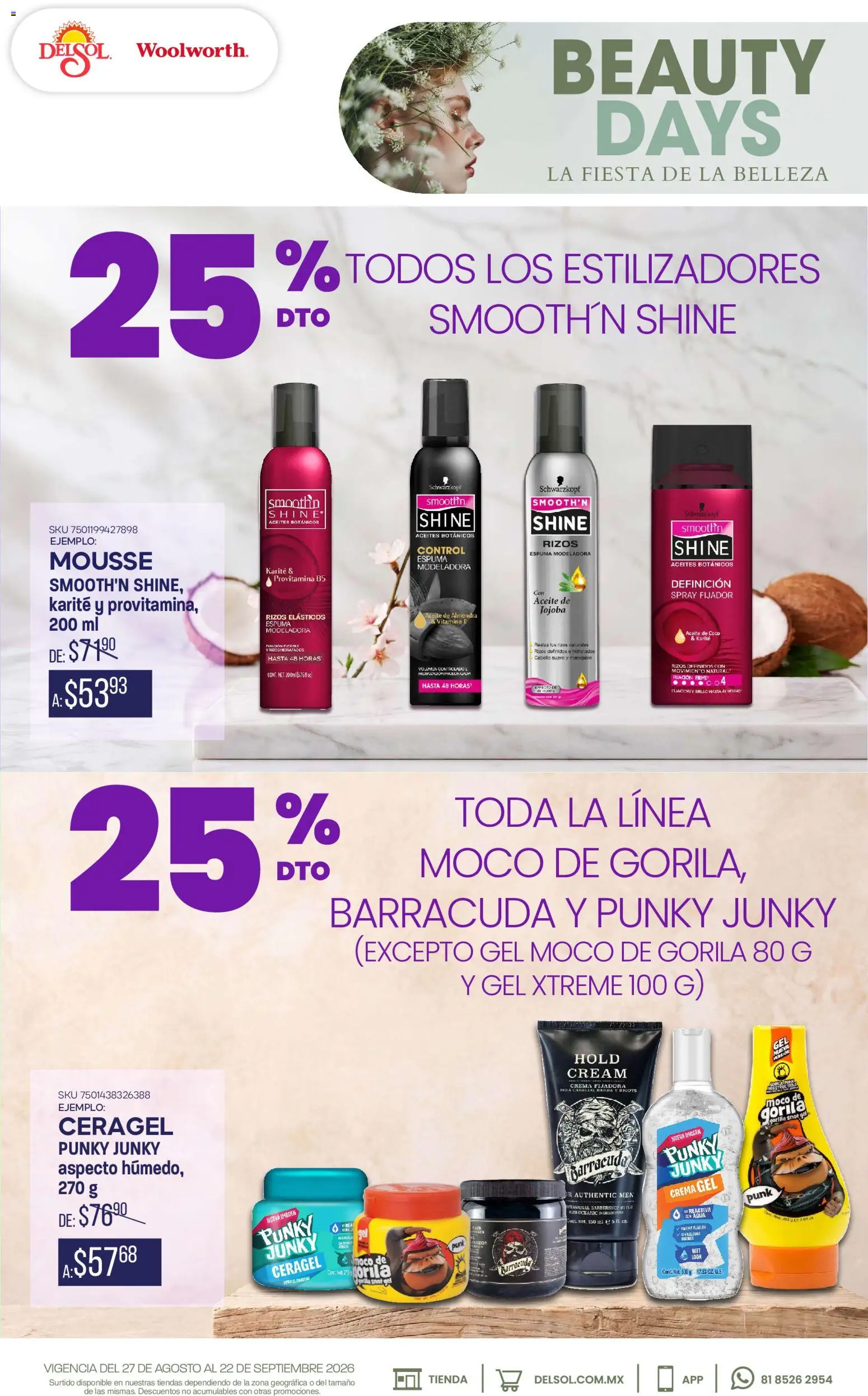 Vista previa las ofertas de la tienda Del Sol y Woolworth - Del Sol y Woolworth catálogo Beauty Days desde el 27/08/2026 - Crema, Aceite, Espuma, Brillo, Mousse, Fijador