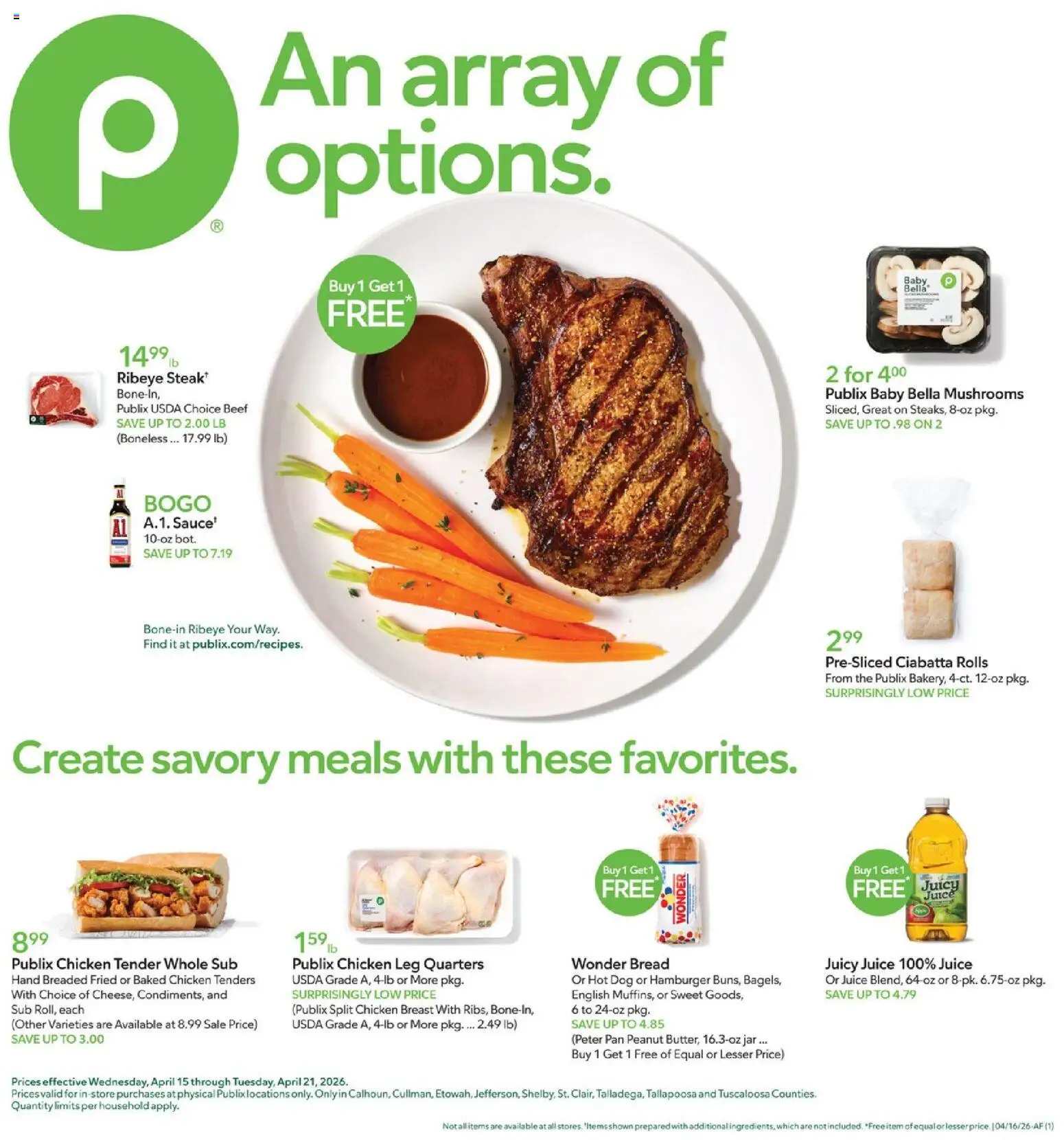 Ad Preview of Publix Publix Weekly Ad from 04/15/2026 - Steak, Hamburger, Mushrooms, Bread, Juice, Pan, Beef, Chicken