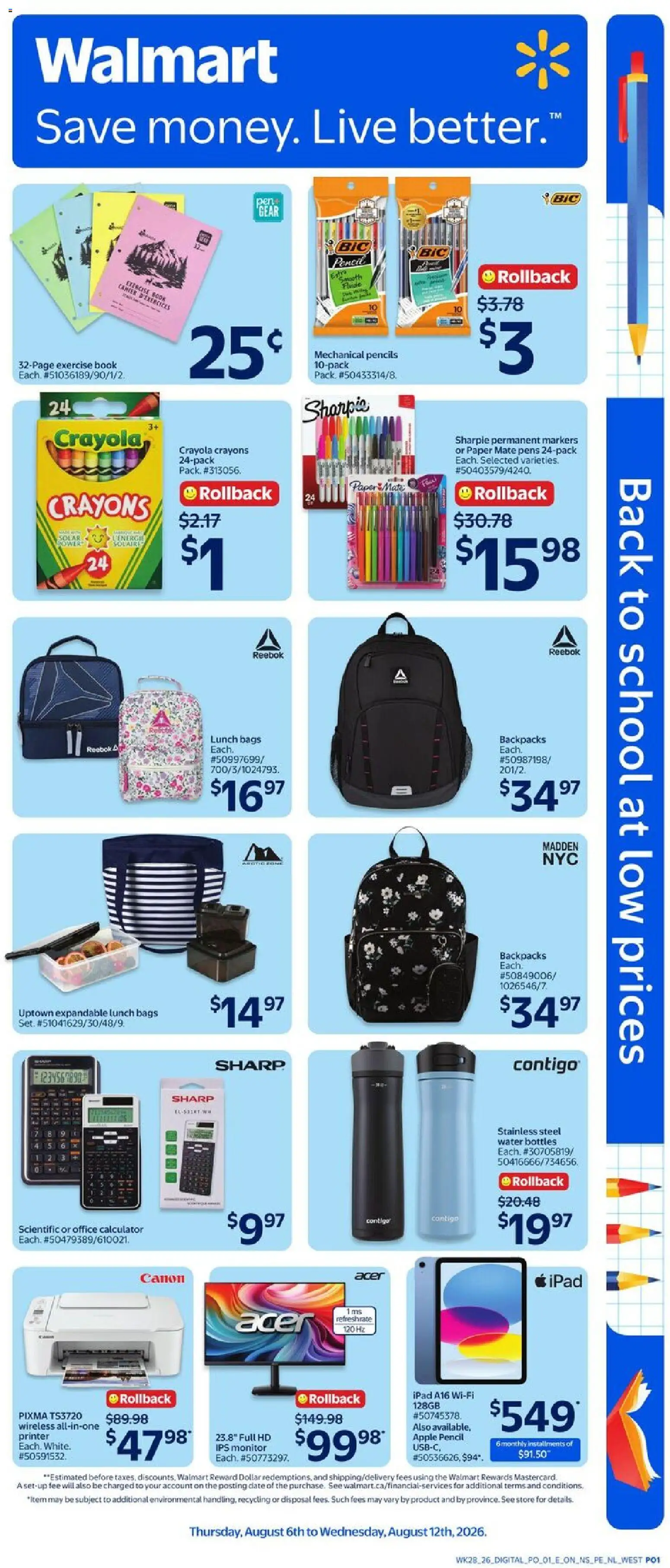 Preview of leaflet Walmart flyer - Back to school at low prices from shop Walmart is valid from Aug 06, 2026 - Calculator, Shoes, Water, Backpack, Printer, Monitor, Tablet, Notebook