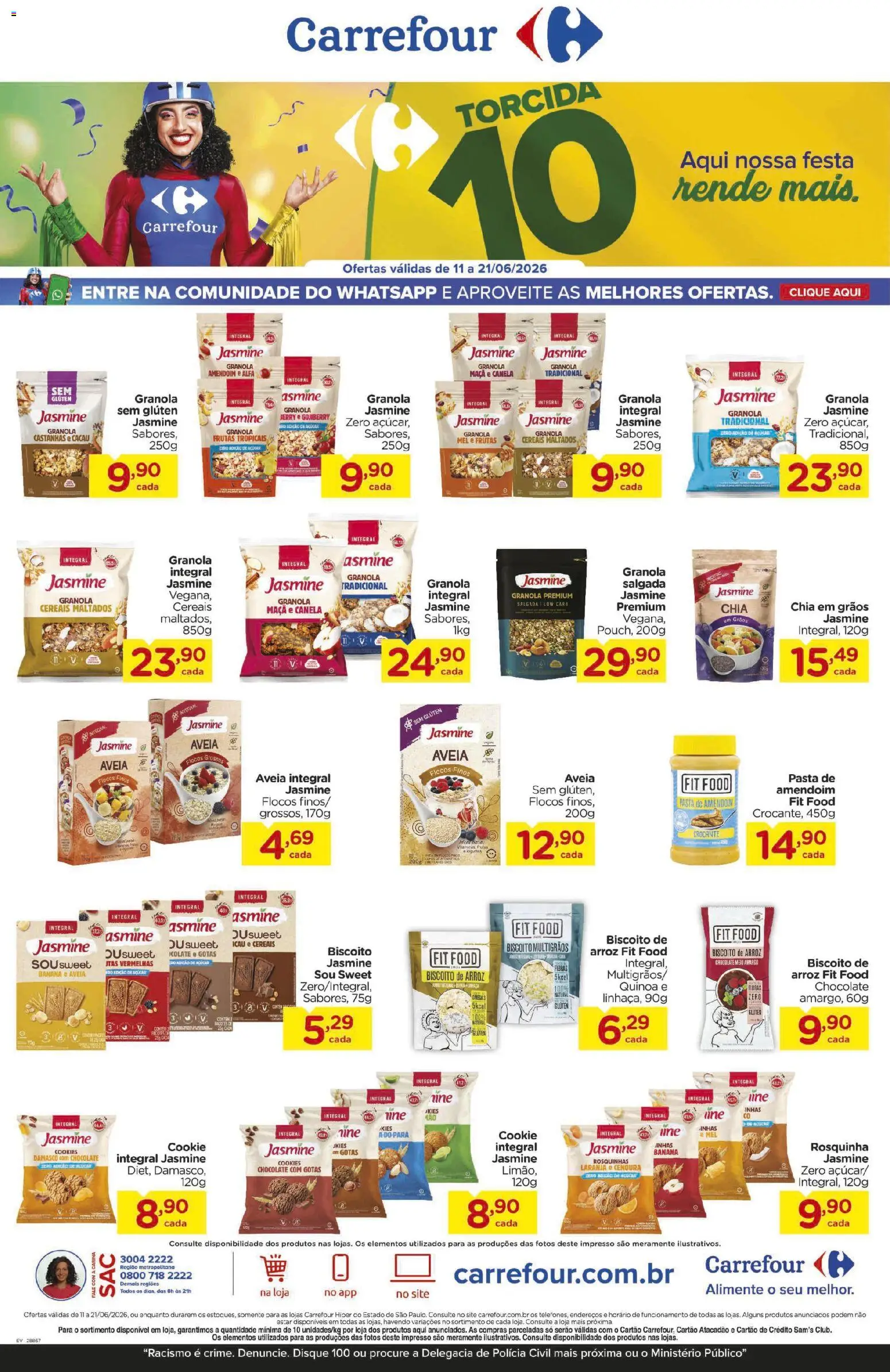 Pré-Visualização do folheto "Carrefour ofertas Foco Copa" da loja Carrefour válido a partir de 11/06/2026 - Chocolate, Cookies, Chia, Arroz, Mel, Granola, Açúcar, Cereais