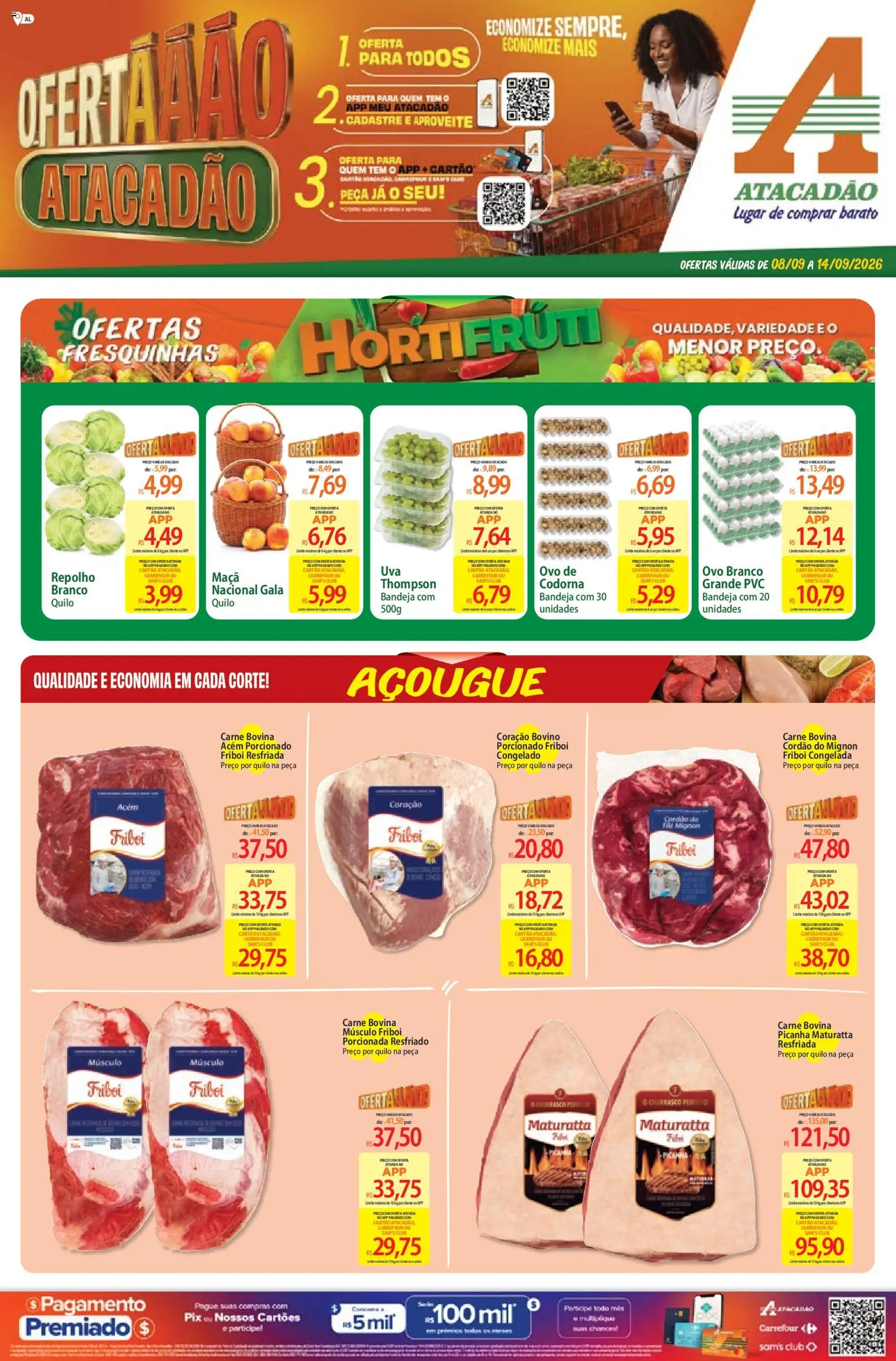Pré-Visualização do folheto "Atacadão ofertas - AL" da loja Atacadão válido a partir de 08/09/2026 - Picanha, Carne, Pó, Repolho, Bandeja, Carne bovina, Acém, Carne bovina músculo