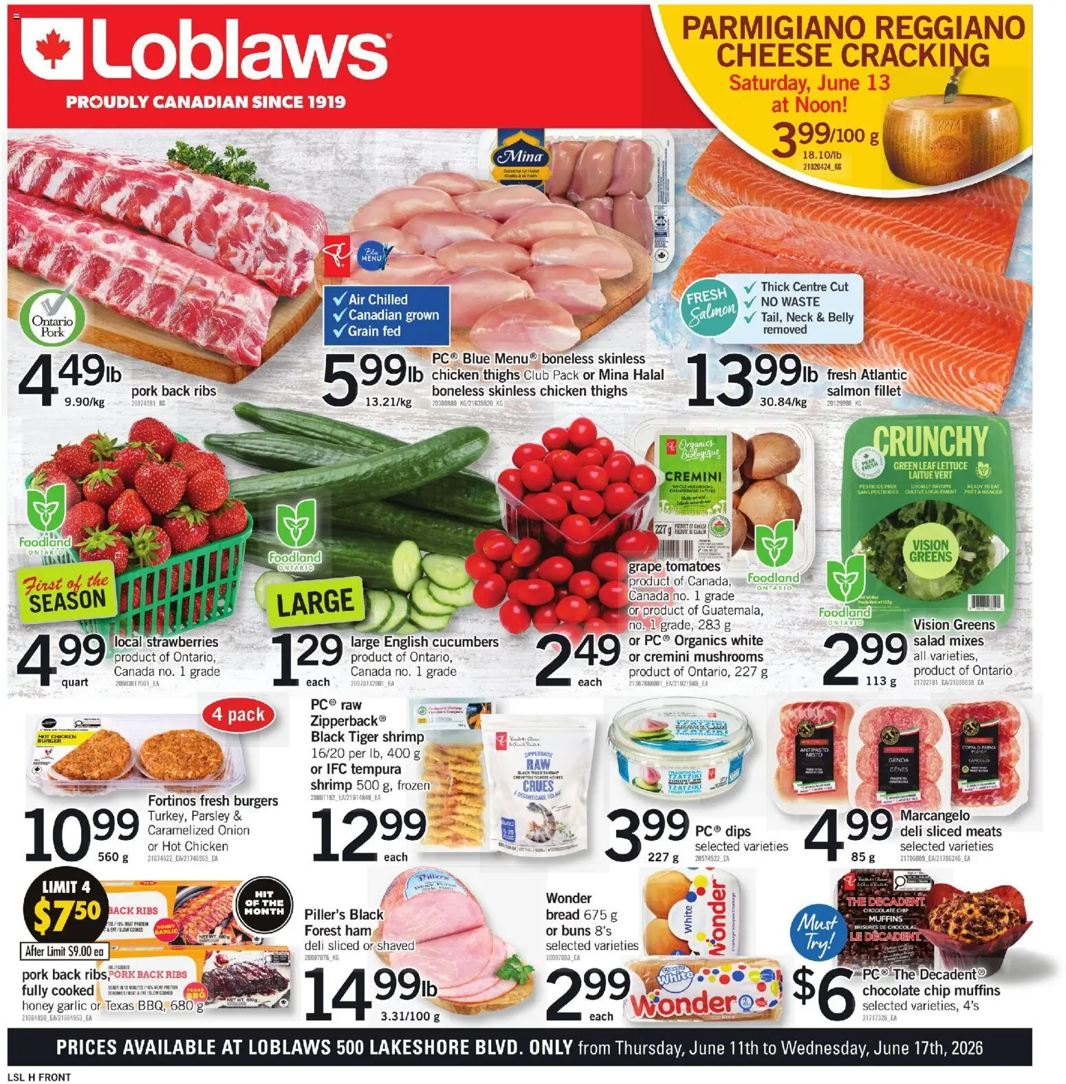 Preview of leaflet Loblaws flyer - ON from shop Loblaws is valid from Jun 11, 2026 - Burgers, Cheese, Salmon, Shrimp, Muffins, Tomatoes, Onion, Ham
