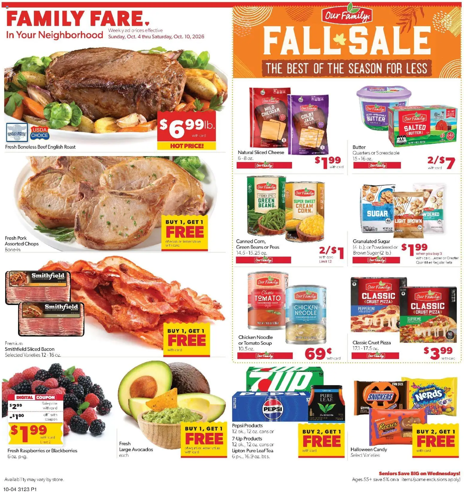 Ad Preview of Family Fare Family Fare Weekly Ad - ND from 10/04/2026 - Pizza, Cheese, Butter, Pepsi, Beans, Beef, Pork, Snickers