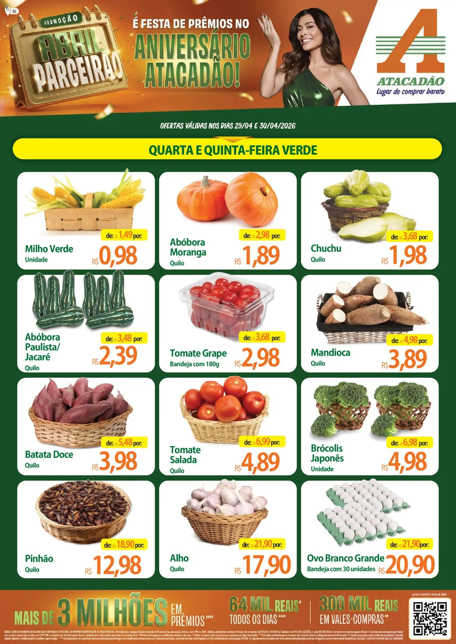 Pré-Visualização do folheto "Atacadão ofertas - SC" da loja Atacadão válido a partir de 29/04/2026 - Moranga, Brócolis, Chuchu, Abóbora, Doce, Tomate, Salada, Bandeja