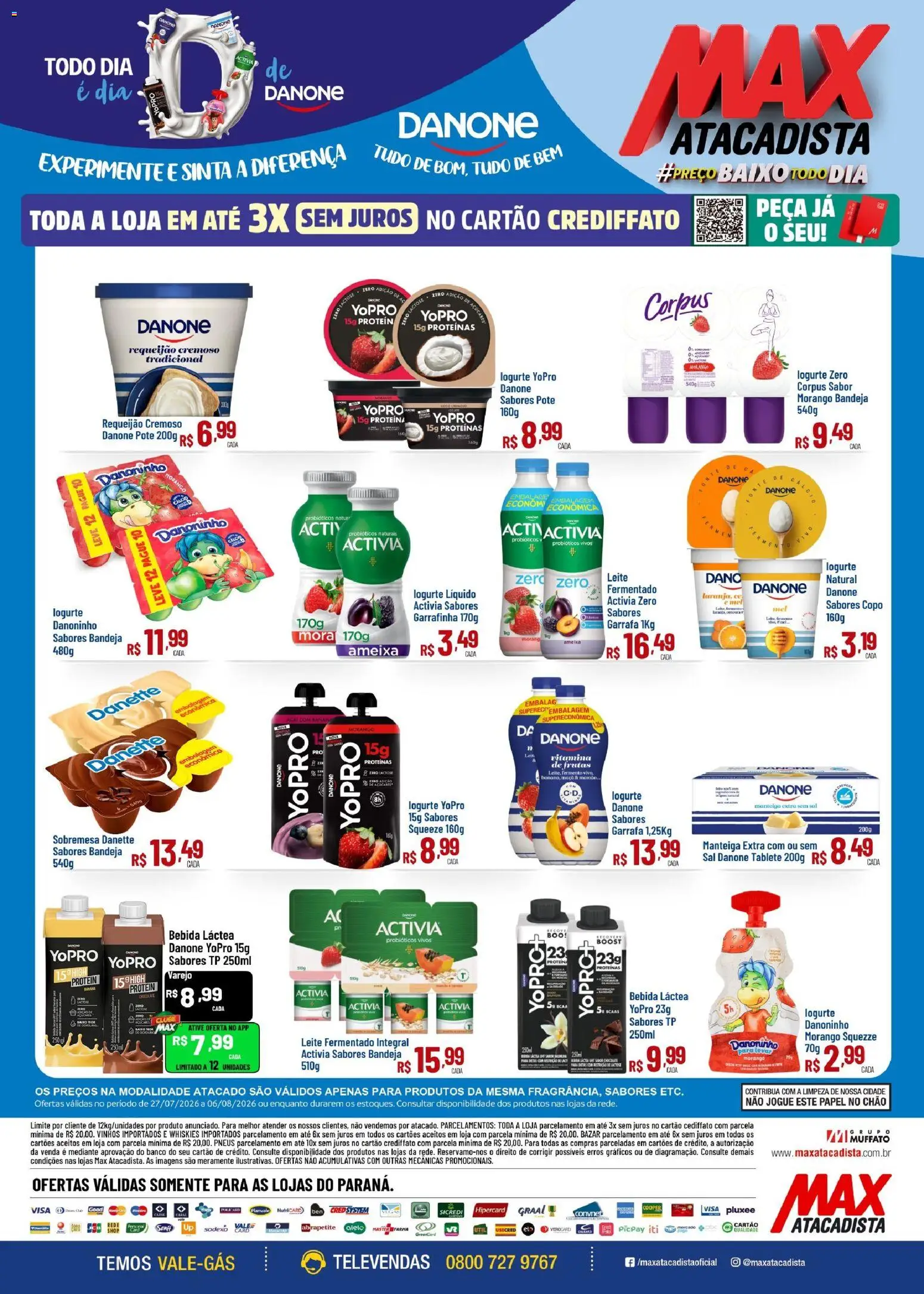 Pré-Visualização do folheto "Max Atacadista ofertas Danone" da loja Max Atacadista válido a partir de 27/07/2026 - Frutas, Probióticos, Bebida, Ameixa, Cenoura, Proteína, Baixo, Leite fermentado