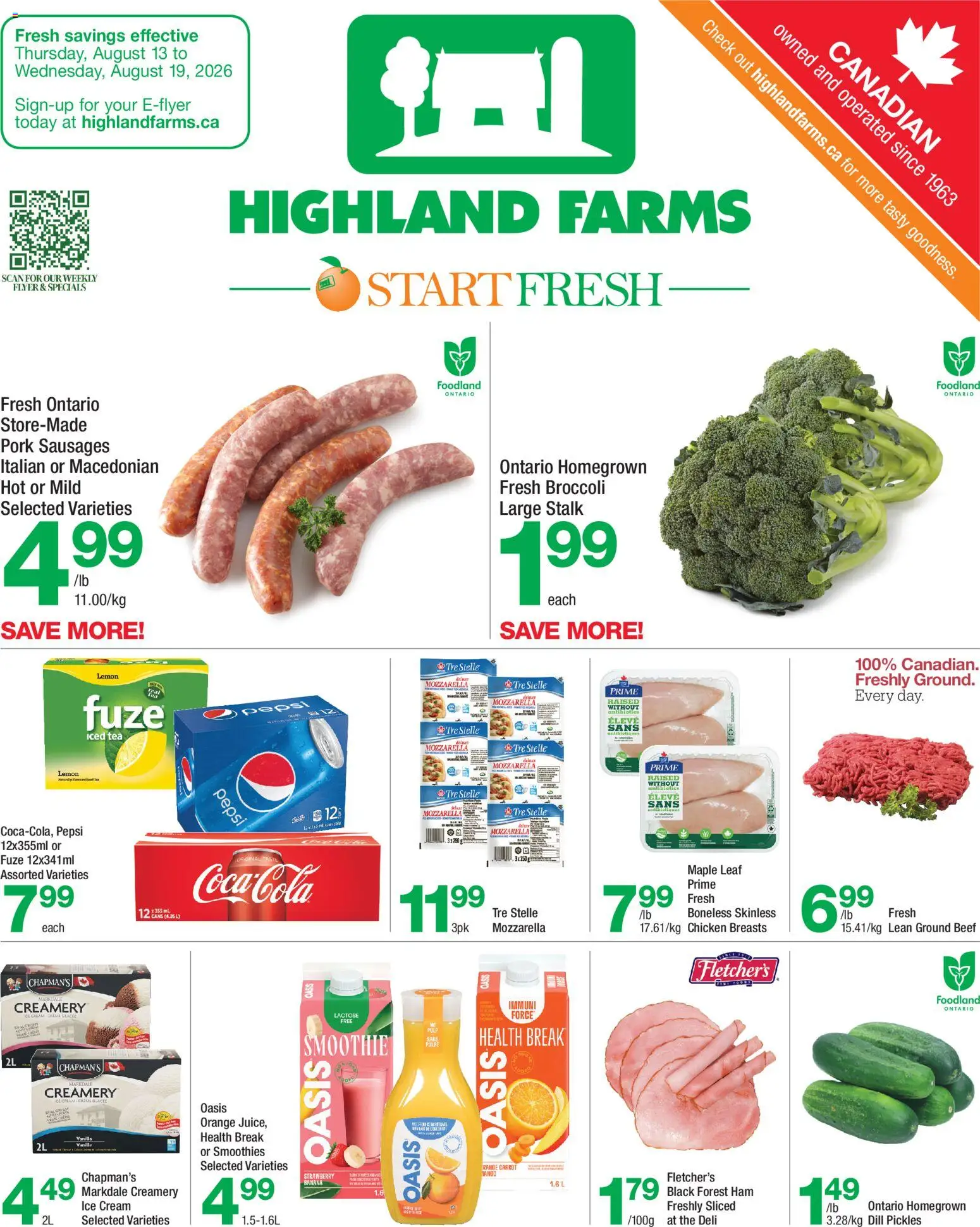 Preview of leaflet Highland Farms weekly flyer / circulaire from shop Highland Farms is valid from Aug 13, 2026 - Ice cream, Chicken, Broccoli, Pepsi, Beef, Carrot, Pork, Cream