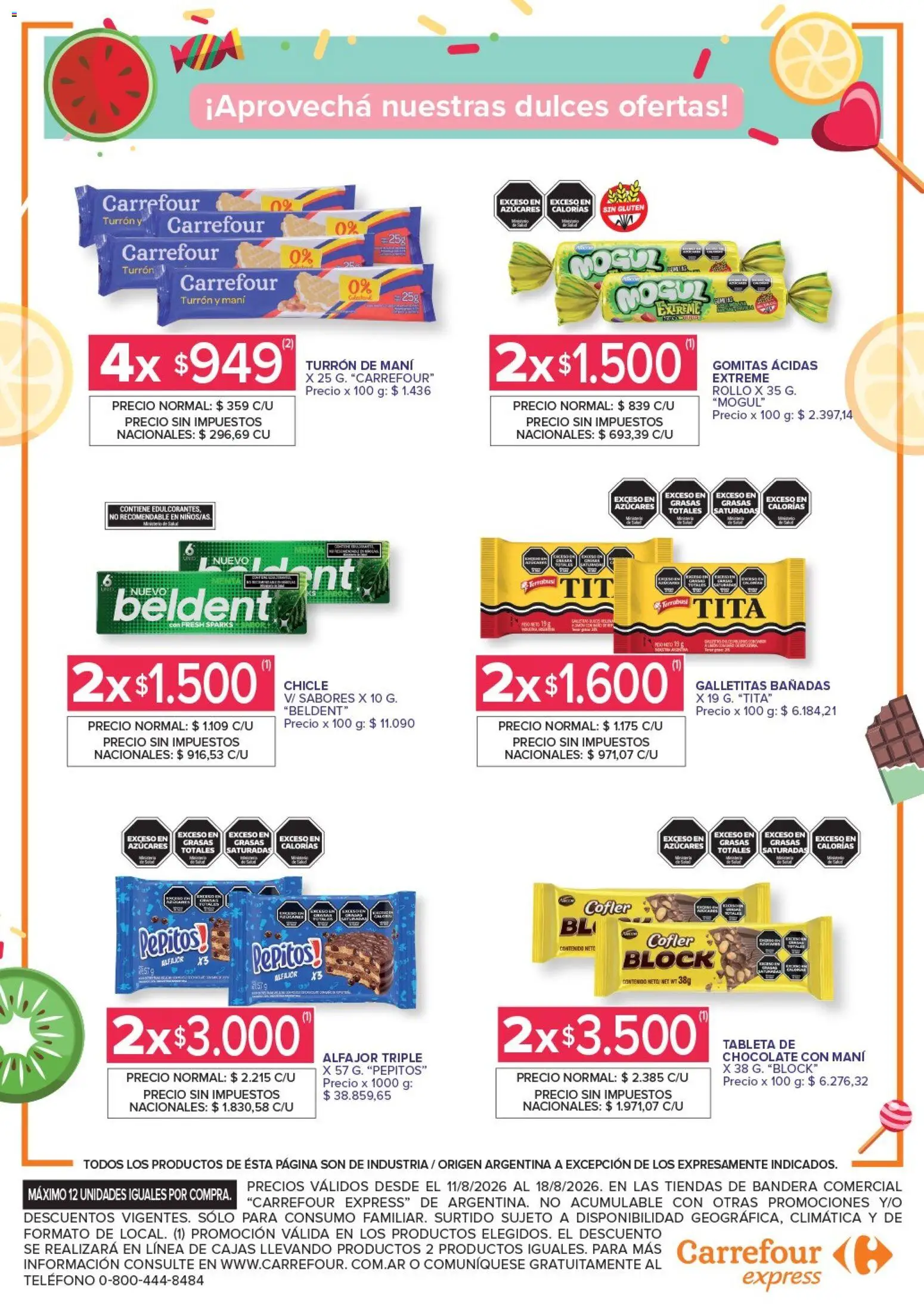 Vista previa del folleto de la tienda Carrefour válido desde el 11/08/2026 - Chocolate, Alfajor, Teléfono, Gomitas, Turrón, Dulces, Tableta, Chicle