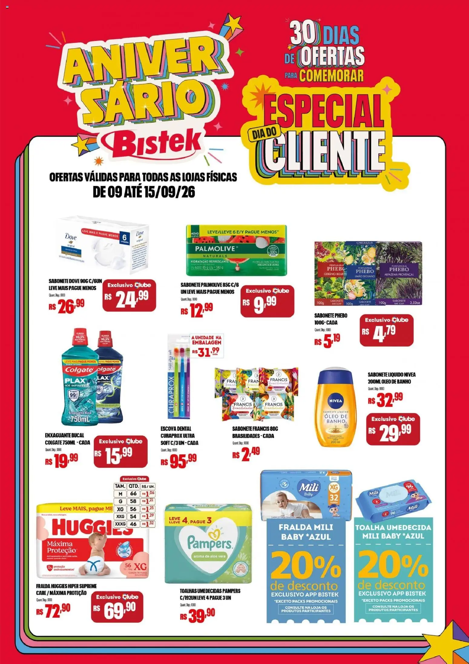 Pré-Visualização do folheto "Bistek Supermercados ofertas Aniversário" da loja Bistek Supermercados válido a partir de 09/09/2026 - Lichia, Melancia, Óleo, Sabonete, Sabonete líquido, Dove, Aloe Vera, Toalha umedecida