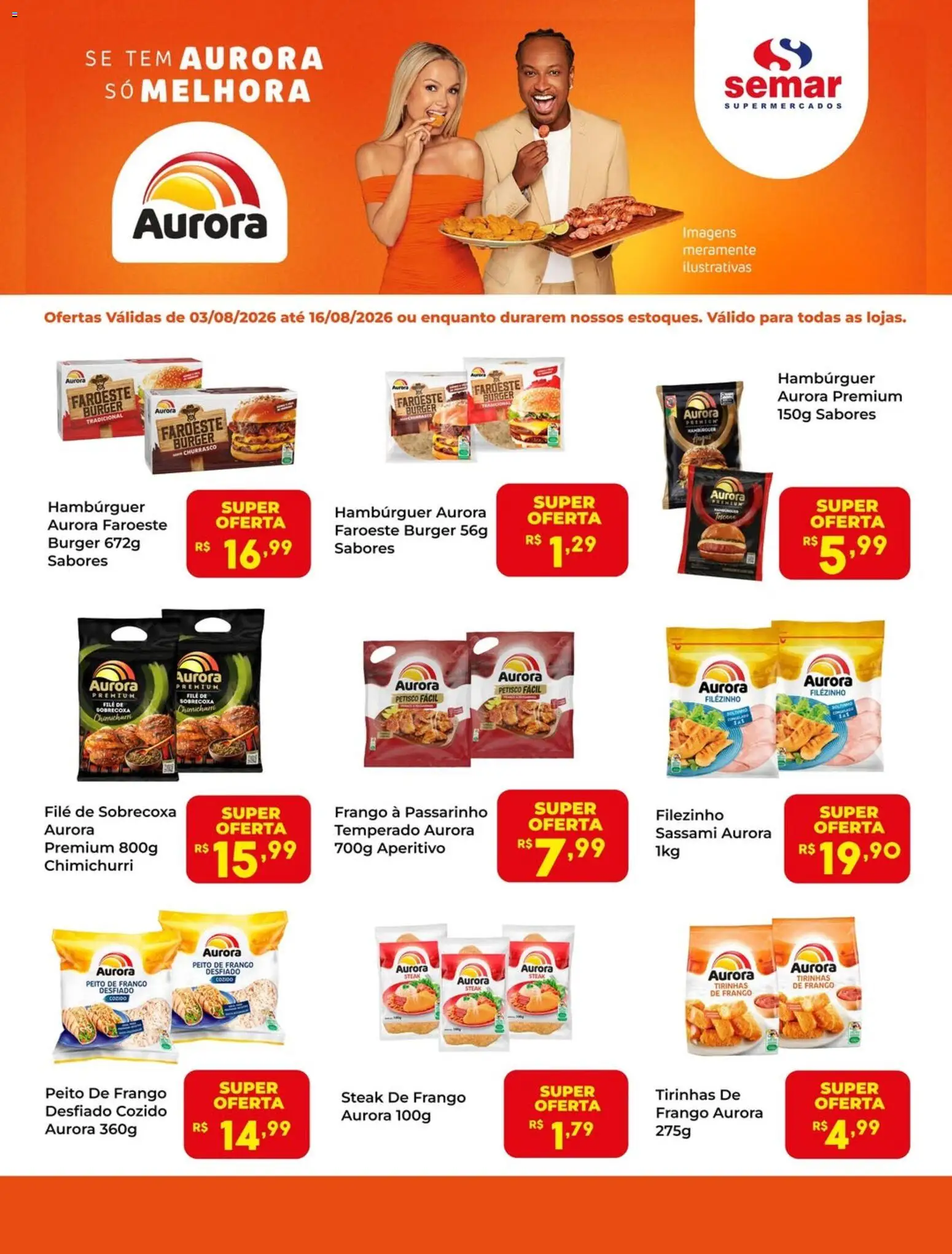 Pré-Visualização do folheto "Semar Supermercado ofertas Aurora" da loja Semar Supermercado válido a partir de 03/08/2026 - Hambúrguer, Frango, Peito de frango, Frango desfiado, Steak