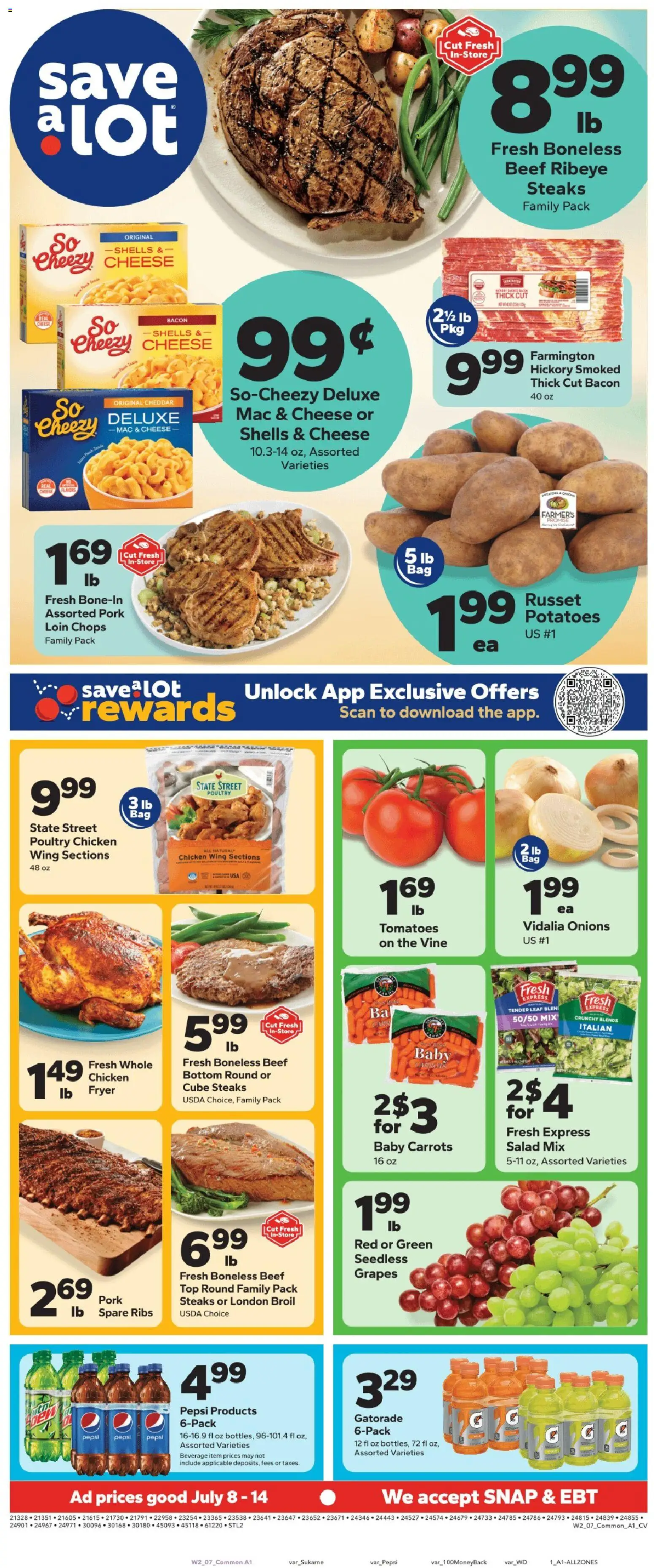 Ad Preview of Save a Lot Save a Lot Weekly Ad from 07/08/2026 - Salad, Potatoes, Tomatoes, Pepsi, Poultry, Fryer, Salad mix, Chicken