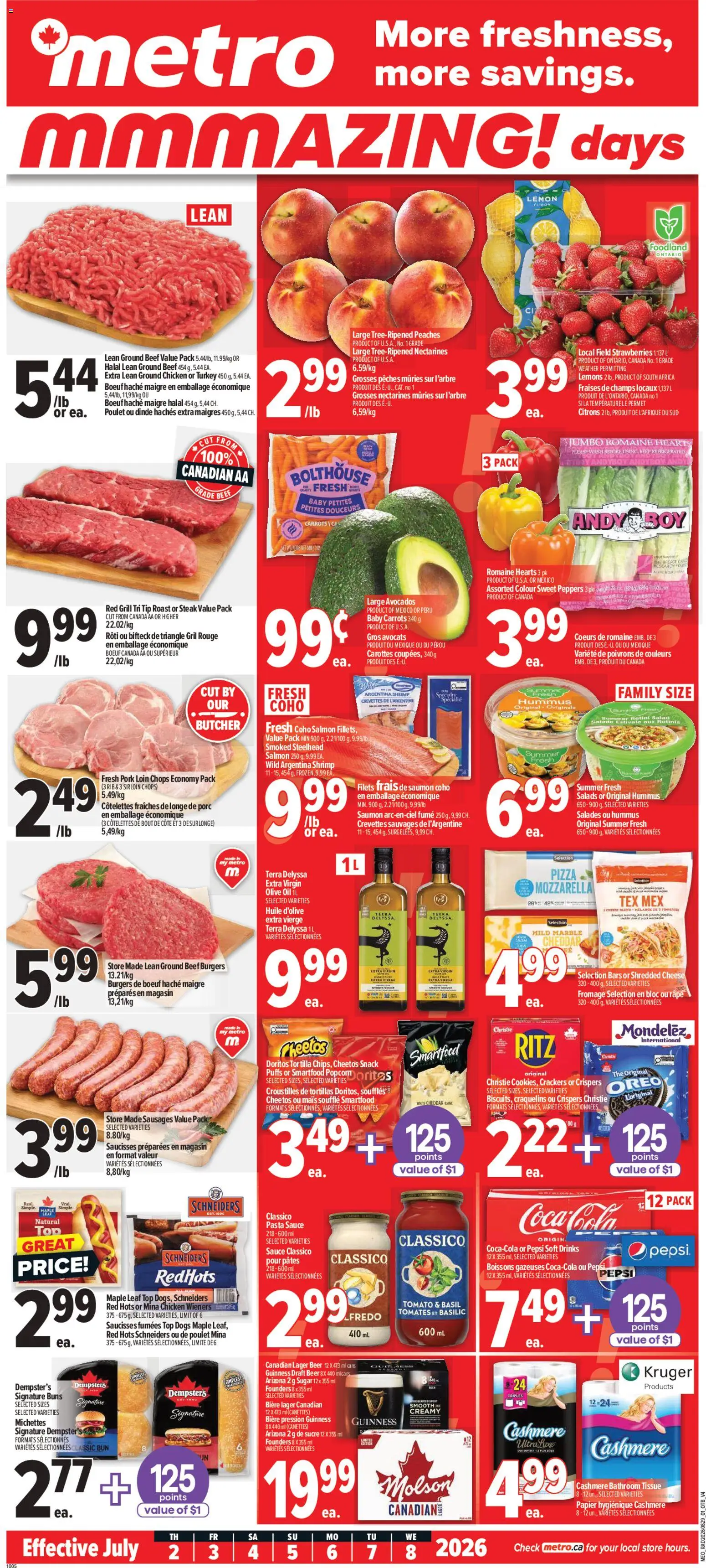 Preview of leaflet Metro weekly flyer - Trois-Pistoles from shop Metro is valid from Jul 02, 2026 - Burgers, Tomato, Olive oil, Oreo, Sugar, Sausages, Pork, Cheddar