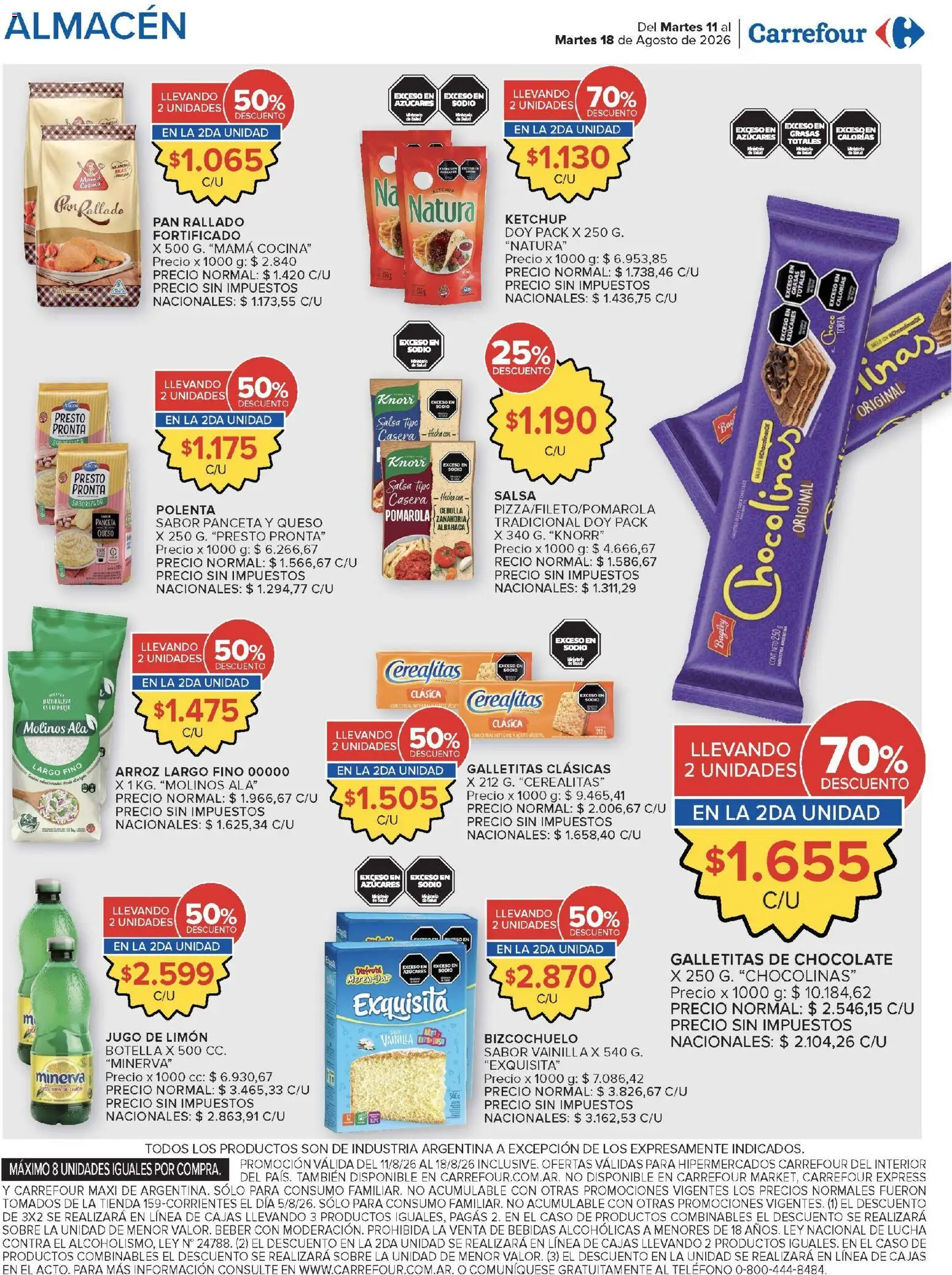 Vista previa del folleto de la tienda Carrefour válido desde el 11/08/2026 - Galletitas, Aceite, Vainilla, Sobre, Cebolla, Ketchup, Botella, Jugo