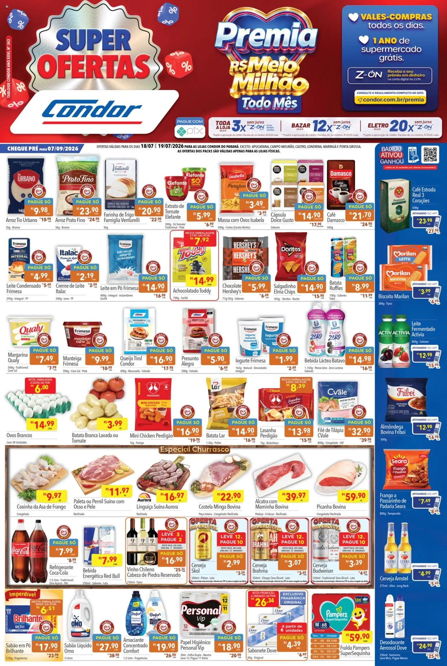 Pré-Visualização do folheto "Supermercados Condor ofertas Premia" da loja Supermercados Condor válido a partir de 18/07/2026 - Álcool, Carne, Sabonete, Manteiga, Leite em pó, Pernil, Farinha, Fragrância