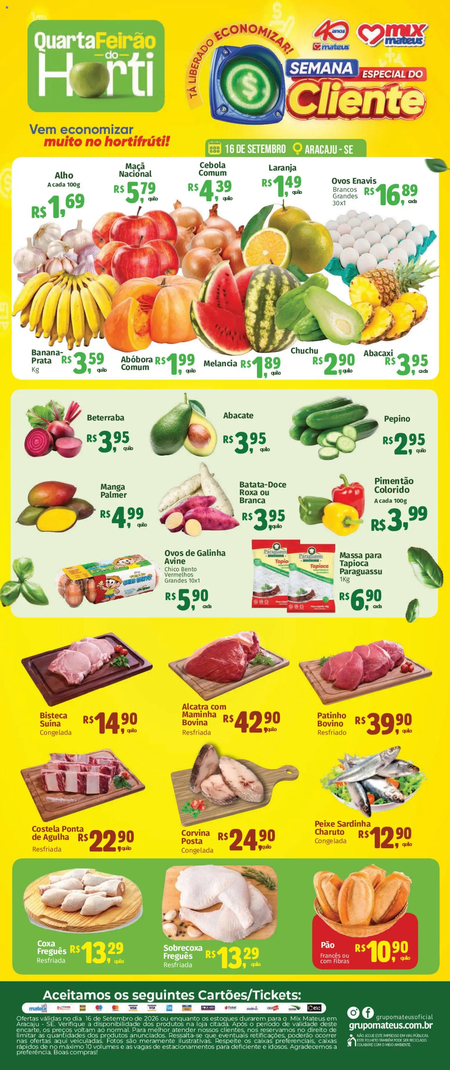 Pré-Visualização do folheto "Mateus ofertas Hortifruti" da loja Mateus válido a partir de 15/09/2026 - Manga, Tapioca, Melancia, Ovos, Chuchu, Massa, Sardinha, Pimentão