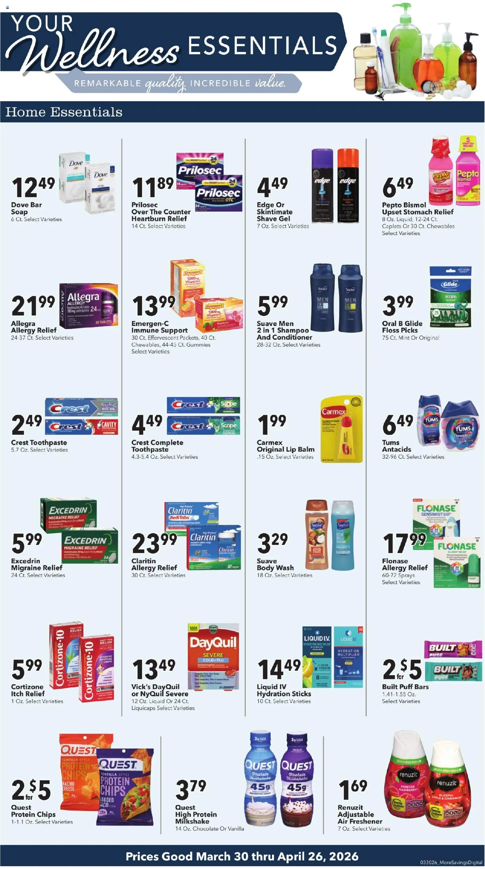 Ad Preview of Coborn's Coborn's Wellness Essentials from 03/30/2026 - Chips, Cheese, Protein, Soap, Vanilla, Body Wash, Air freshener, Shave Gel
