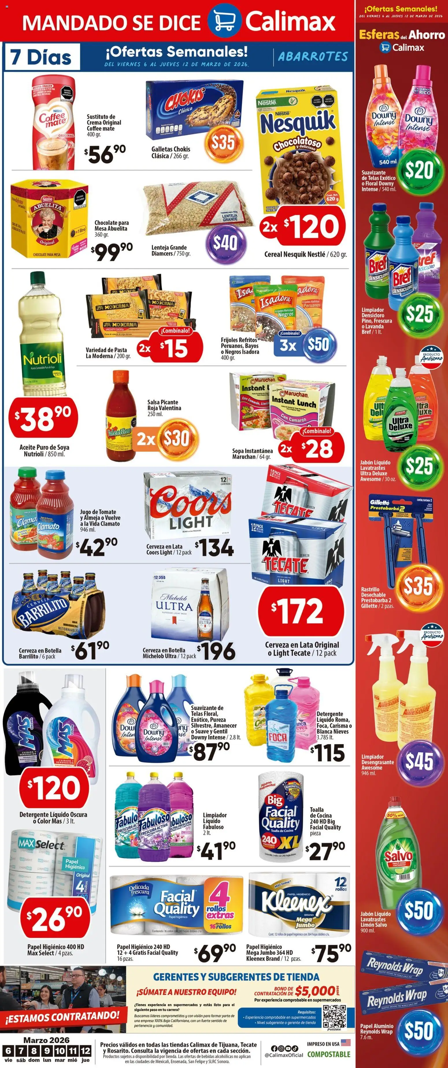 Vista previa las ofertas de la tienda Calimax - Calimax folleto Tijuana desde el 06/03/2026 - Cocina, Limón, Bebidas, Mesa, Crema, Papel aluminio, Detergente líquido, Cerveza en lata