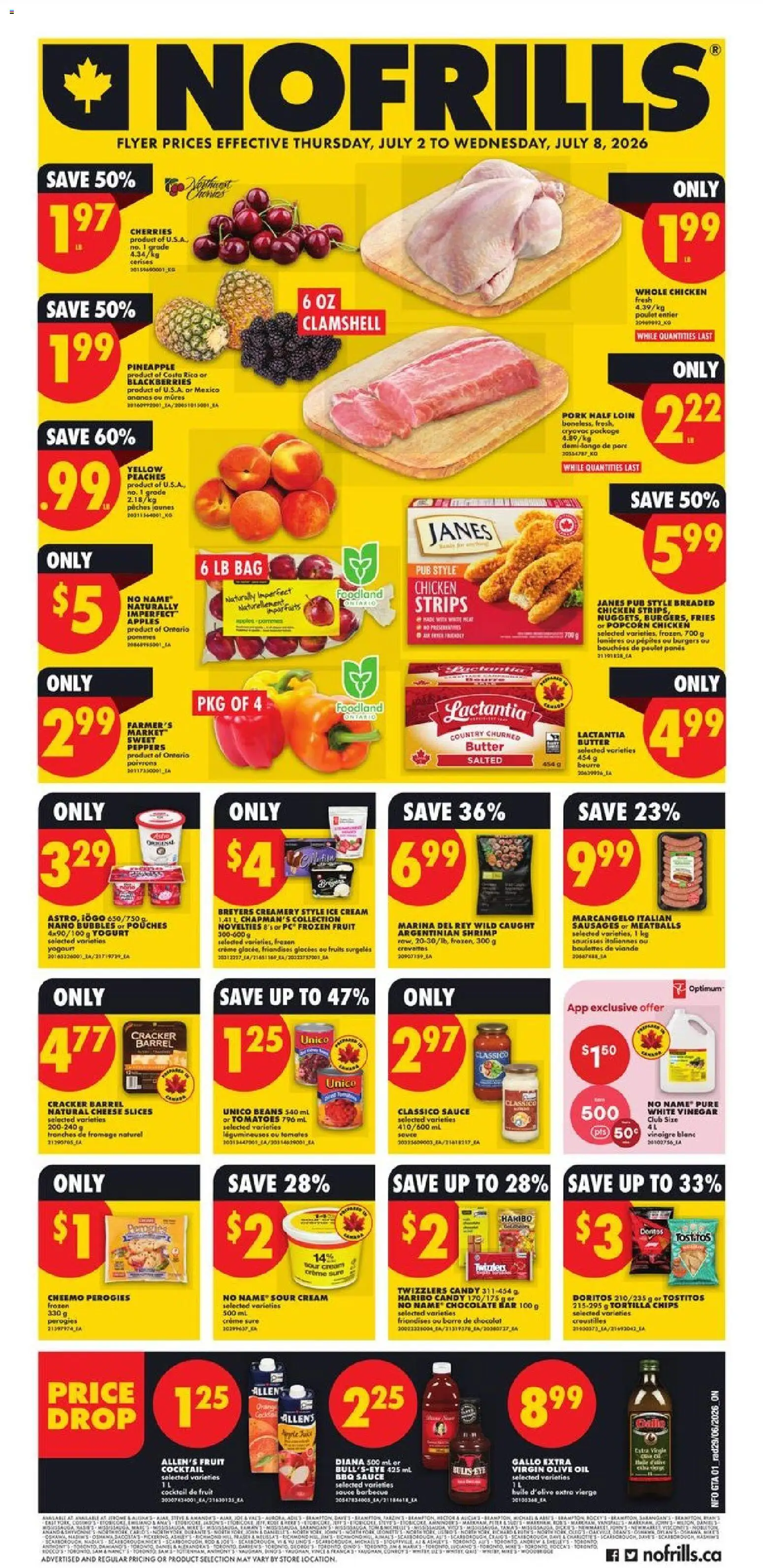 Preview of leaflet No Frills weekly flyer - ON from shop No Frills is valid from Jul 02, 2026 - Fruit, PC, Tomatoes, Olive oil, Sausages, Strips, Tortilla chips, Frozen fruit