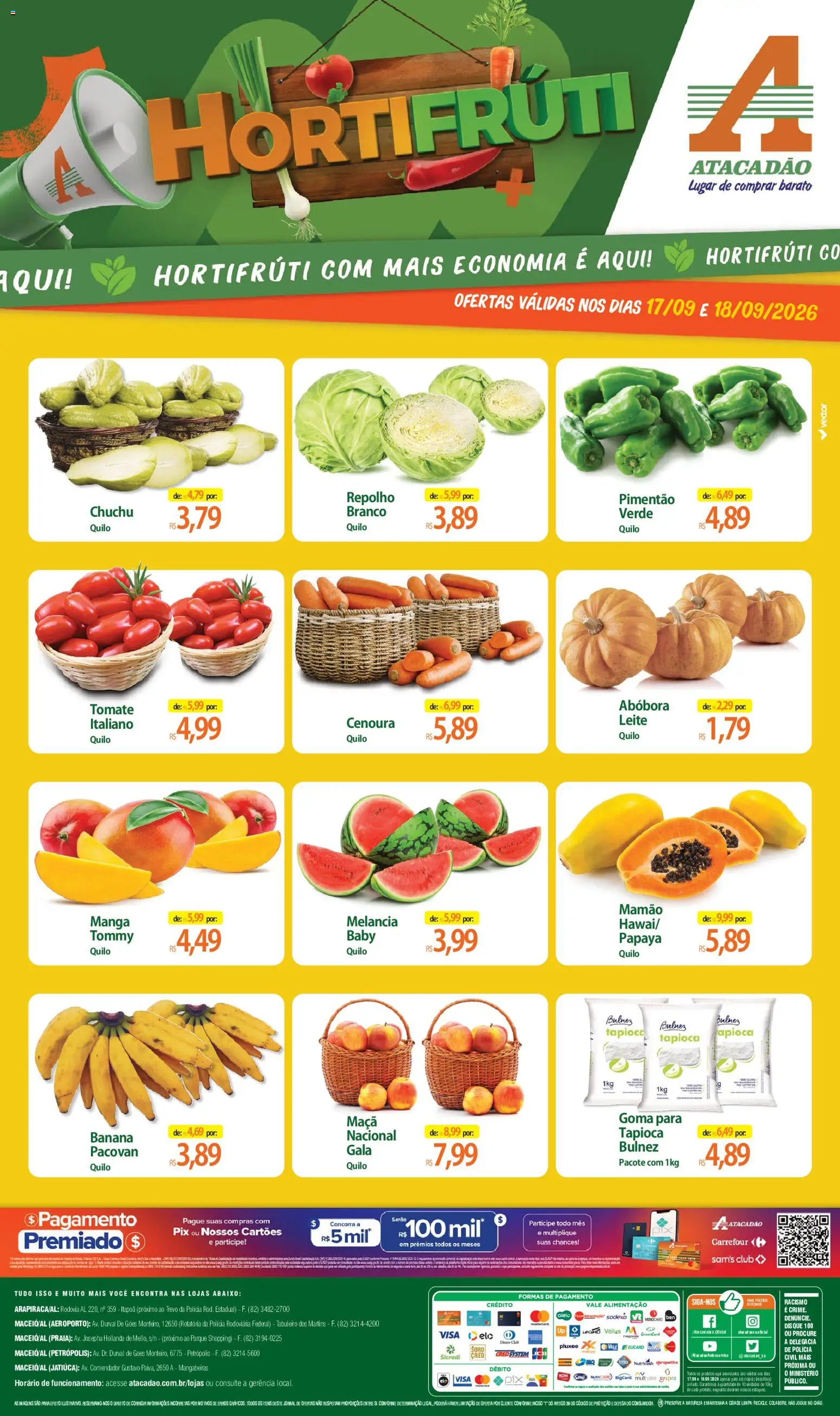 Pré-Visualização do folheto "Atacadão ofertas - AL" da loja Atacadão válido a partir de 17/09/2026 - Manga, Chuchu, Leite, Tomate, Cenoura, Repolho, Mamão, Pimentão