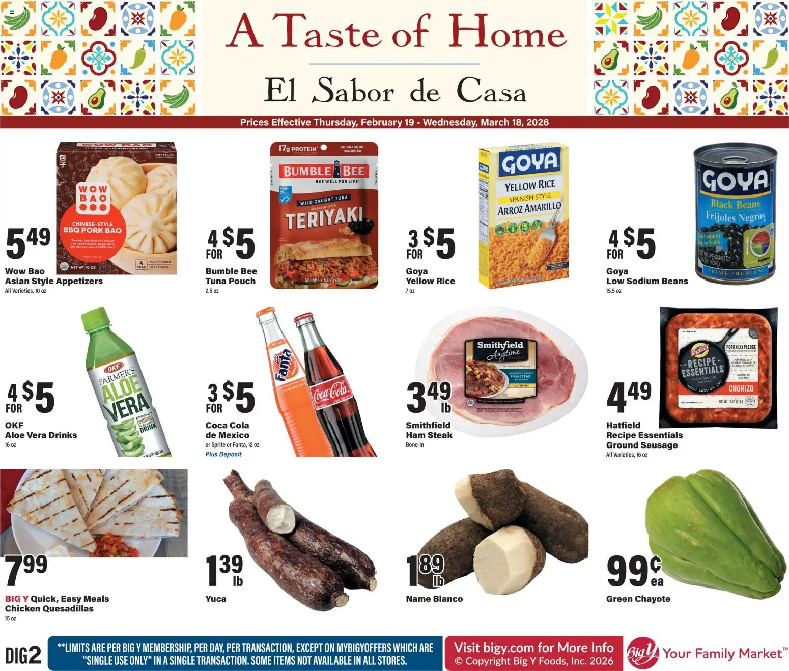 Ad Preview of Big Y A Taste of Home from 02/19/2026 - Steak, Rice, Tuna, Sprite, Beans, Ham, Aloe Vera, Pork