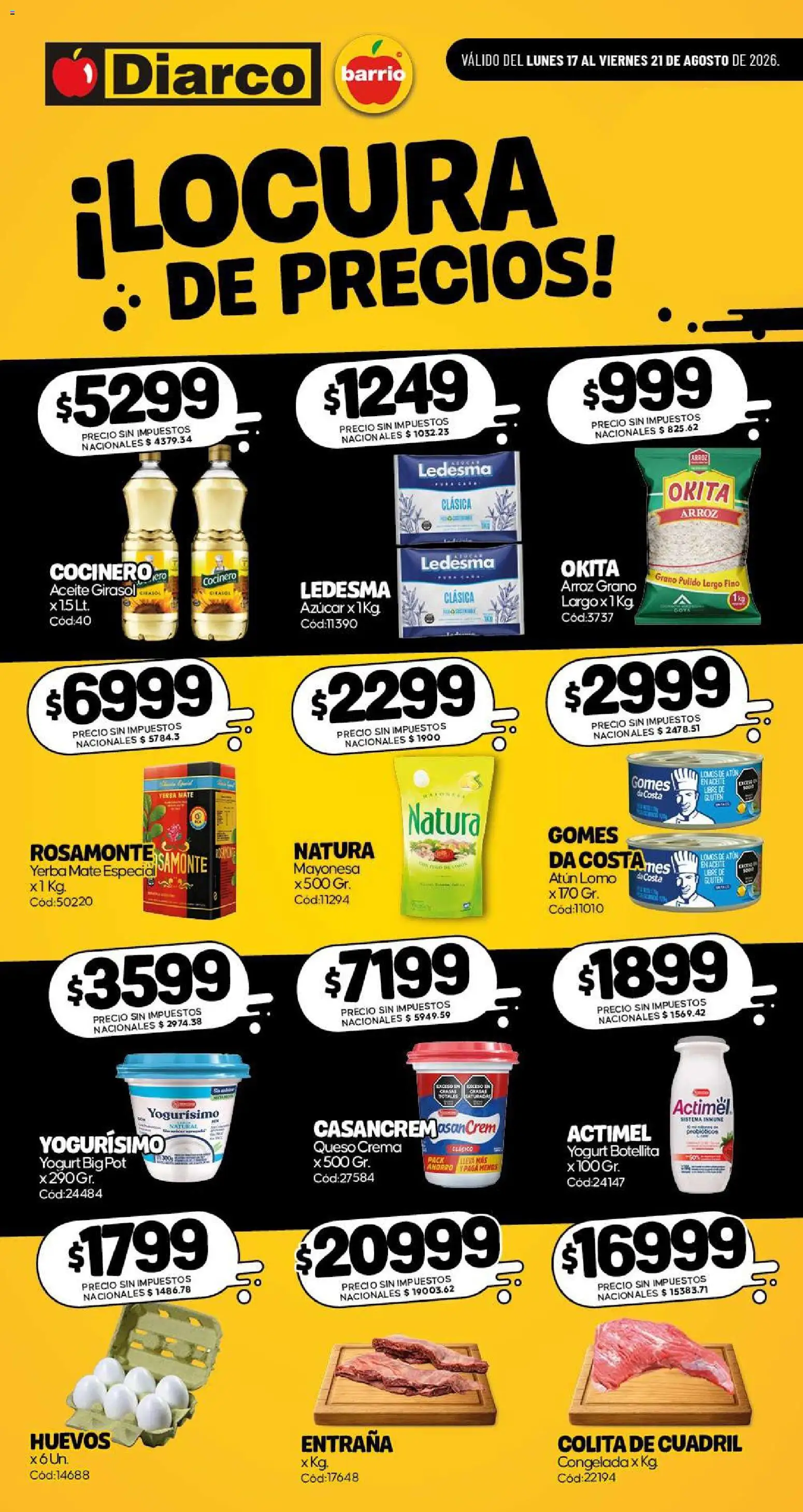 Vista previa del folleto de la tienda Diarco válido desde el 17/08/2026 - Yerba, Azucar, Queso crema, Lomo, Huevos, Atún, Crema, Mayonesa