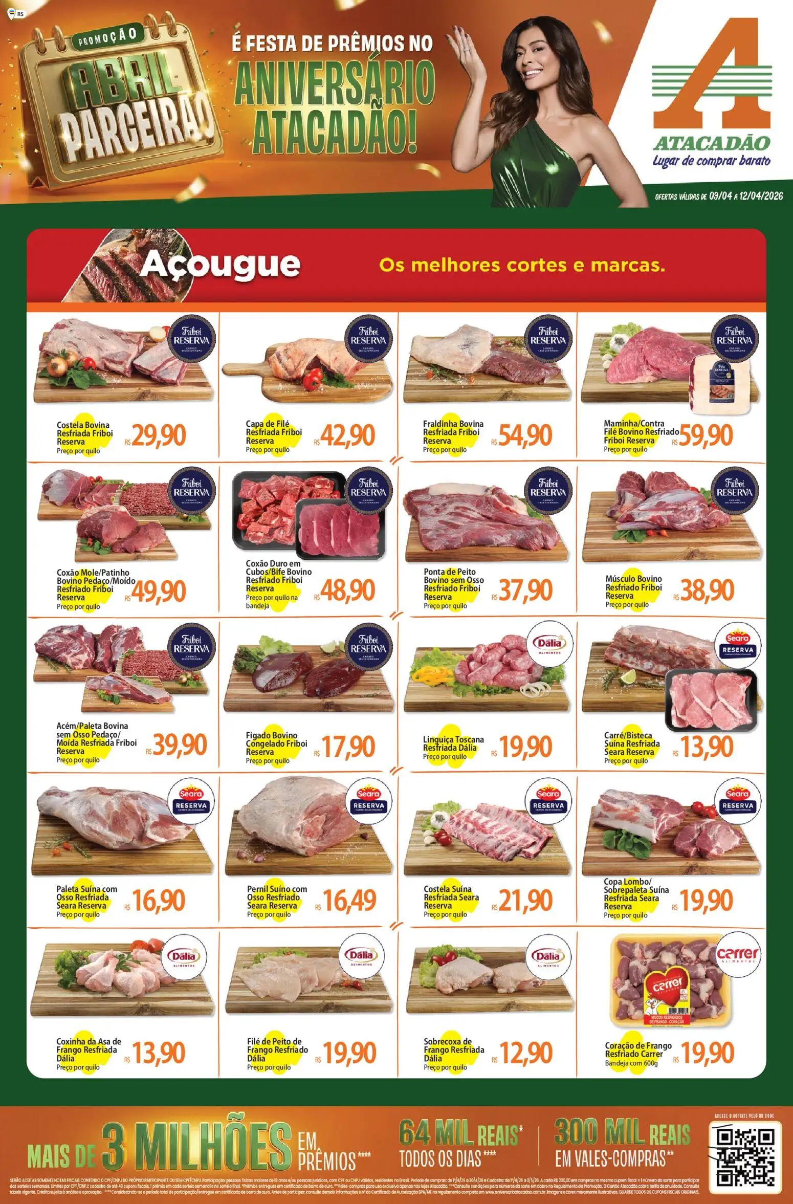 Pré-Visualização do folheto "Atacadão ofertas - RS" da loja Atacadão válido a partir de 09/04/2026 - Copa, Frango, Linguiça, Pernil, Paleta suína, Músculo bovino, Coração de frango, Frango resfriado