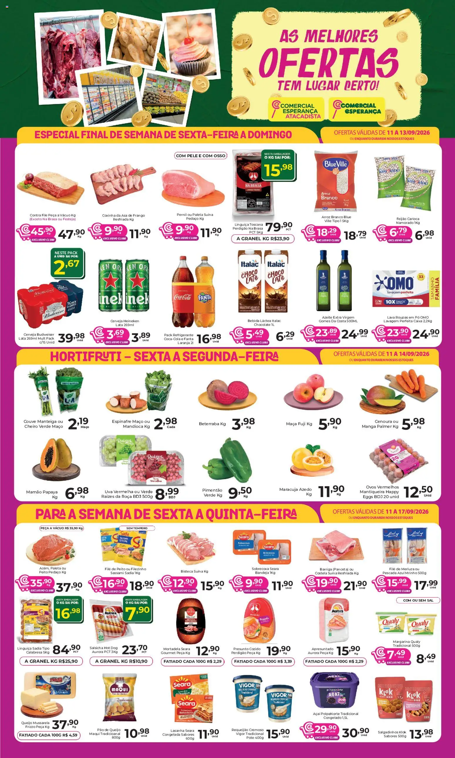 Pré-Visualização do folheto "Comercial Esperança - Ofertas da semana" da loja Comercial Esperança válido a partir de 11/09/2026 - Manga, Roupas, Sal, Uva, Queijo, Espinafre, Refrigerante, Presunto