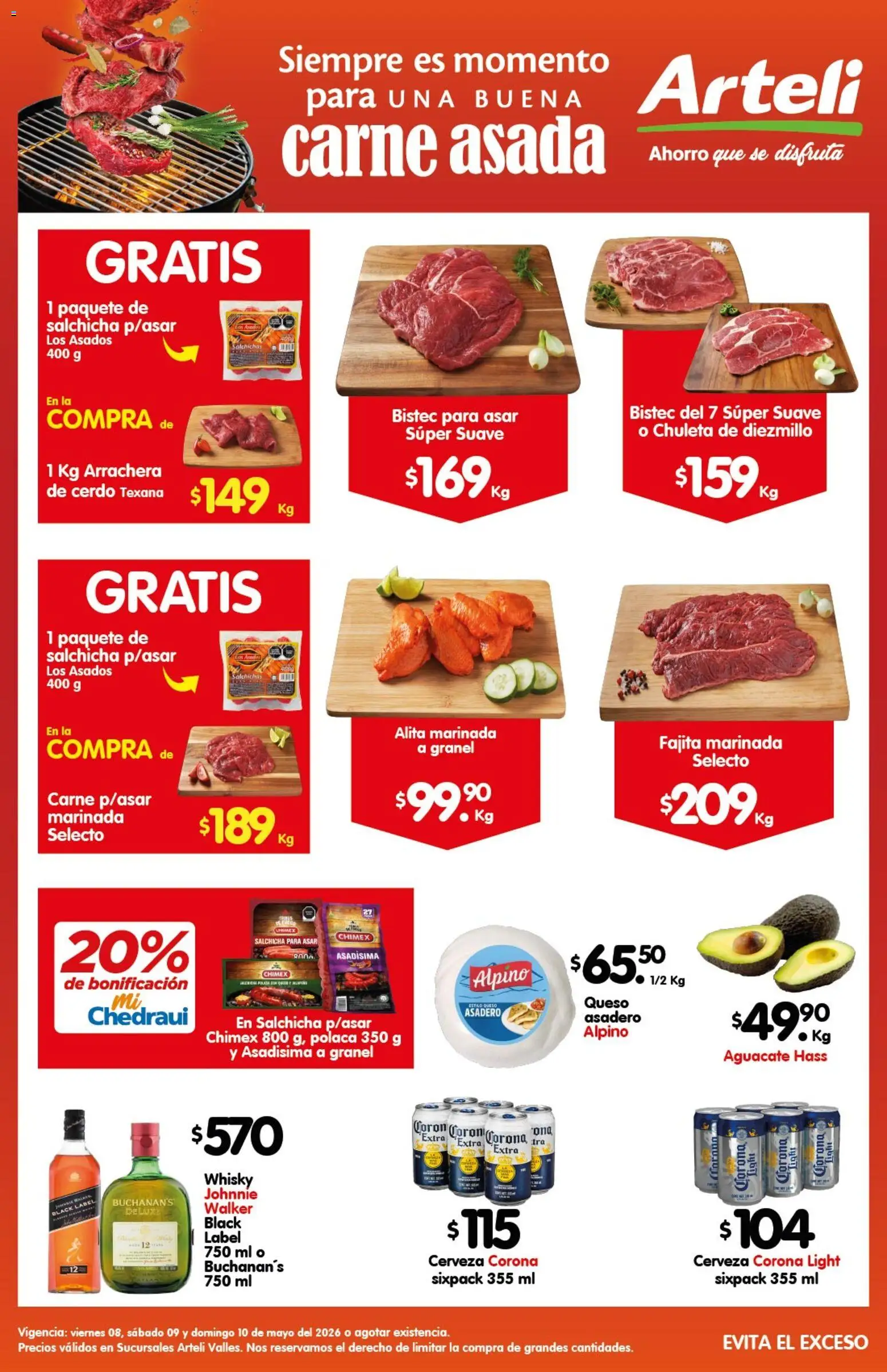 Vista previa las ofertas de la tienda Arteli - Arteli folleto Carne Valles desde el 08/05/2026 - Aguacate, Carne, Cerdo, Cerveza Corona, Salchicha, Chuleta, Salchichas, Corona Extra