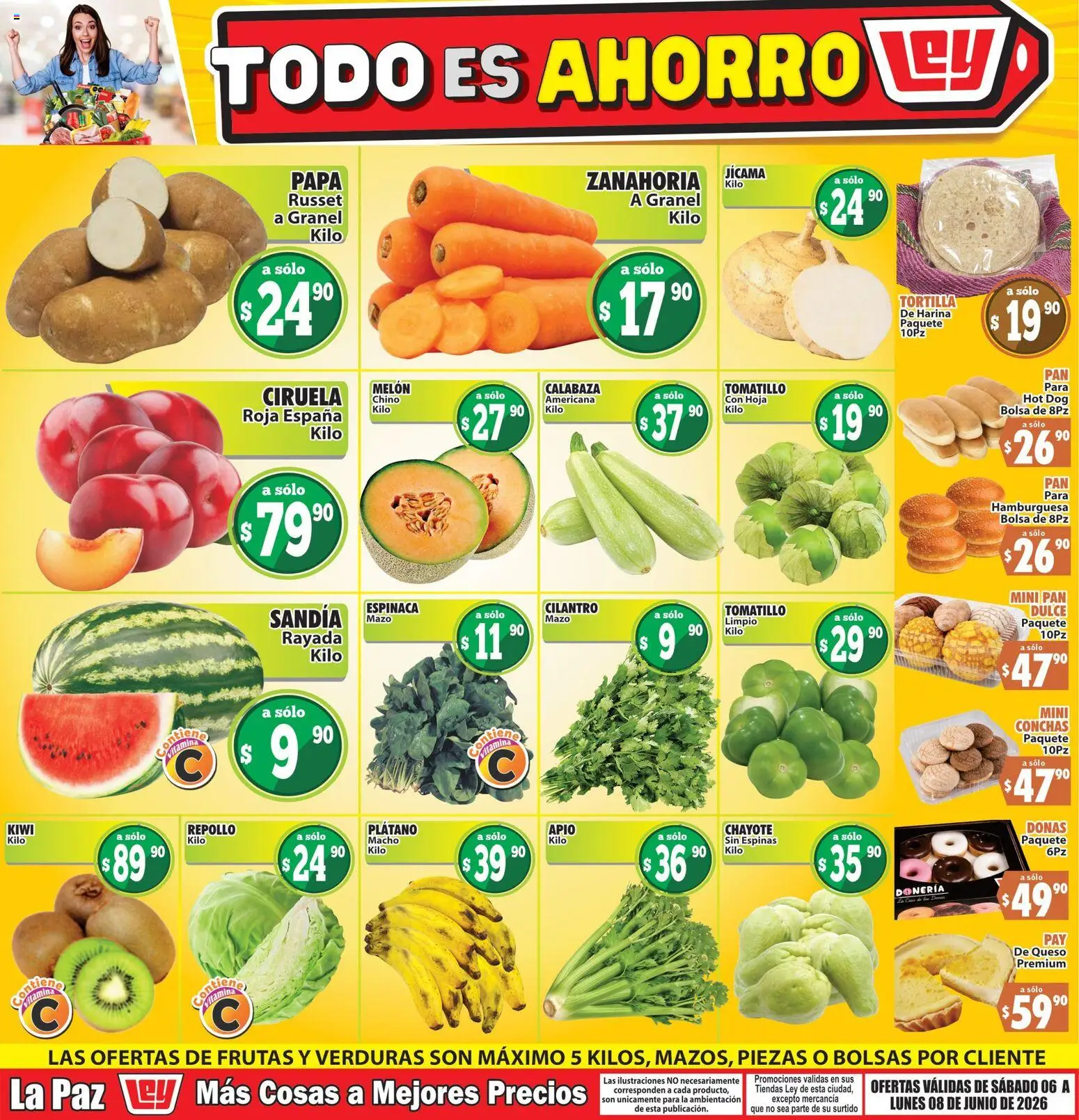 Vista previa las ofertas de la tienda Casa Ley - Casa Ley folleto Las ofertas de frutas y verdunas La Paz desde el 06/06/2026 - Hamburguesa, Pan, Sandía, Queso, Calabaza, Espinaca, Apio, Repollo