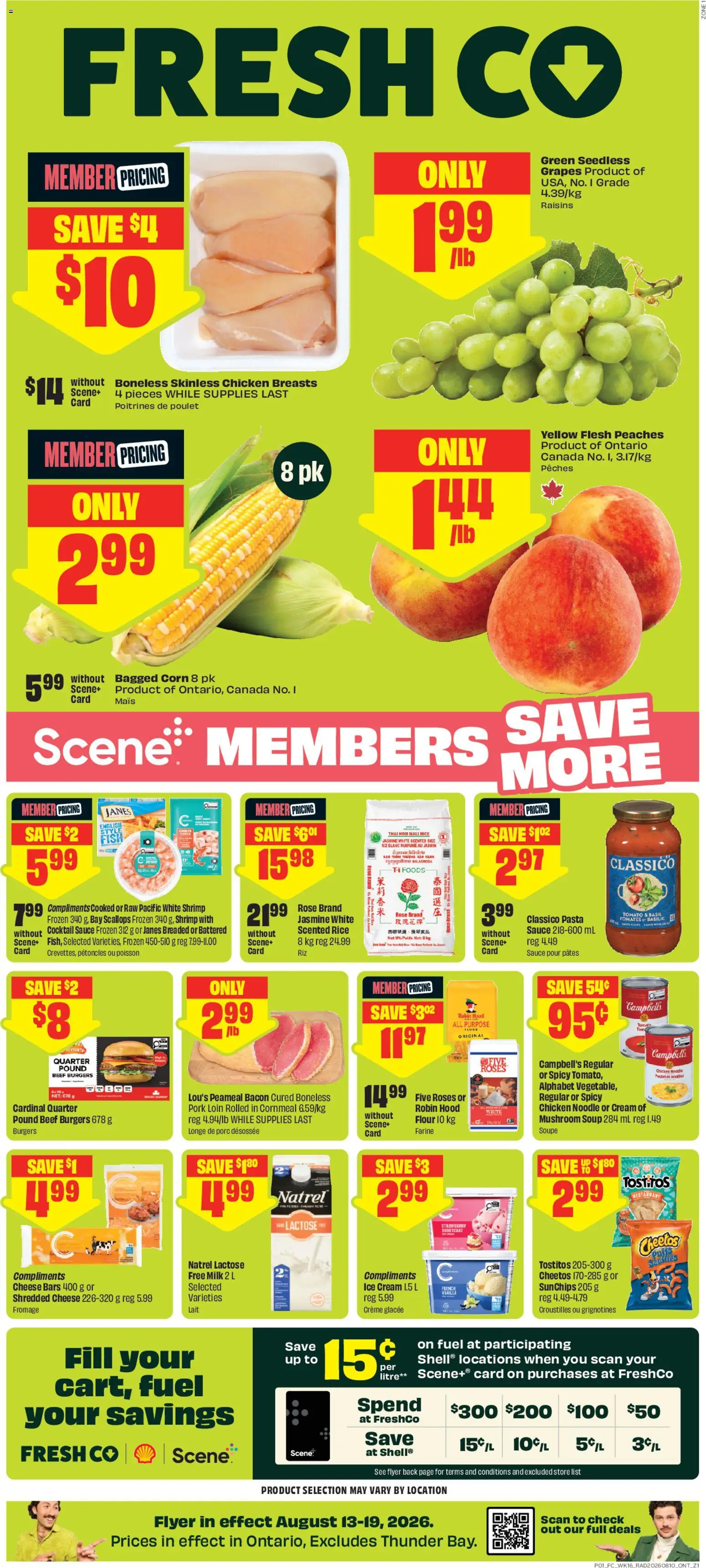 Preview of leaflet FreshCo weekly flyer / circulaire from shop FreshCo is valid from Aug 13, 2026 - Ice cream, Burgers, Pasta, Hat, Tomato, Beef, Corn, Pork loin