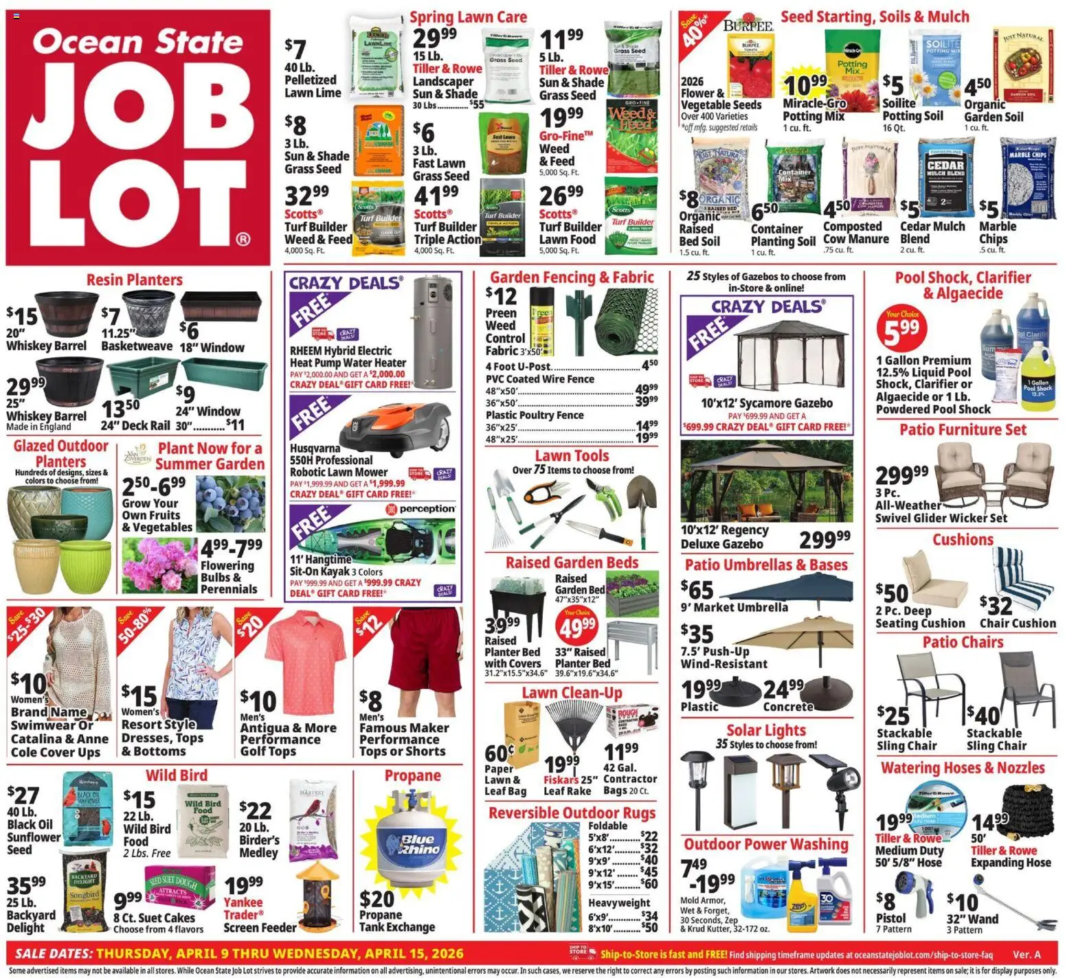 Ad Preview of Ocean State Job Lot Ocean State Job Lot Weekly Ad from 04/09/2026 - UPS, Kayak, Vegetables, Patio furniture, Umbrella, Water Heater, Rake, Wire