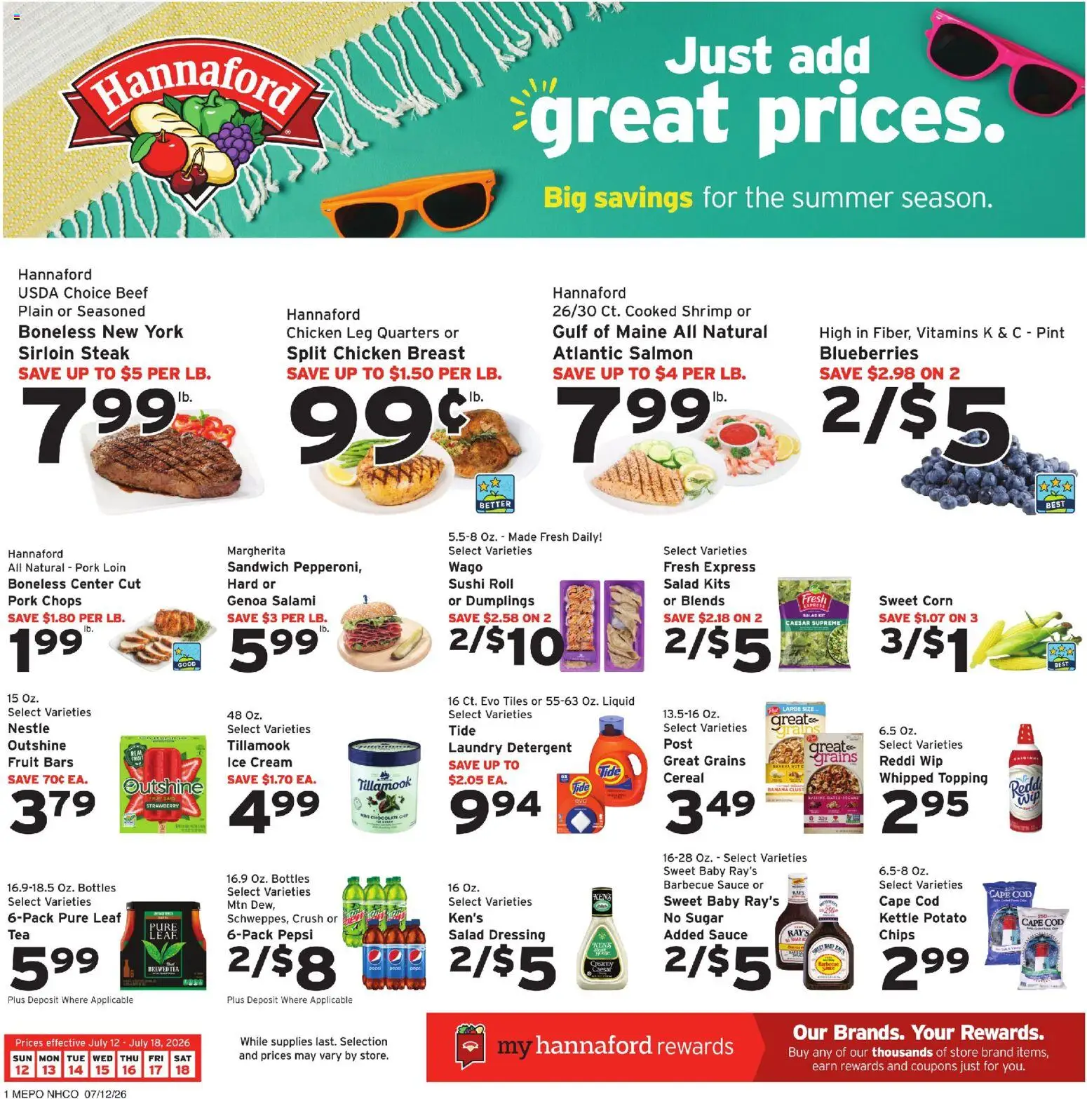Ad Preview of Hannaford Hannaford Weekly Ad from 07/12/2026 - Sushi, Chips, Salmon, Shrimp, Salami, Grains, Chocolate Chip, Chicken