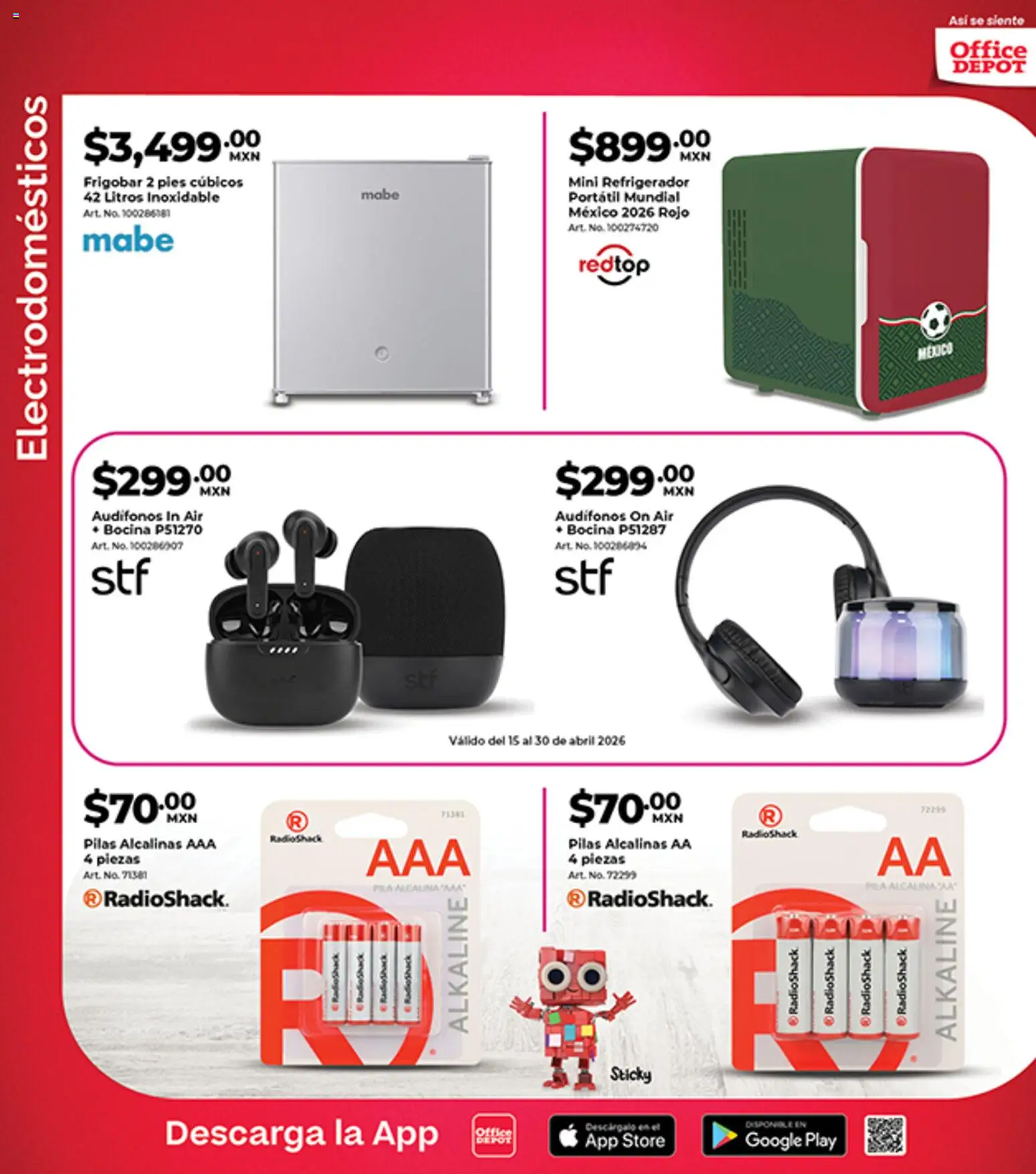 Vista previa las ofertas de la tienda Office Depot - Office Depot catálogo desde el 01/04/2026 - Refrigerador, Audífonos, Bocina, Frigobar, Pila, Pilas