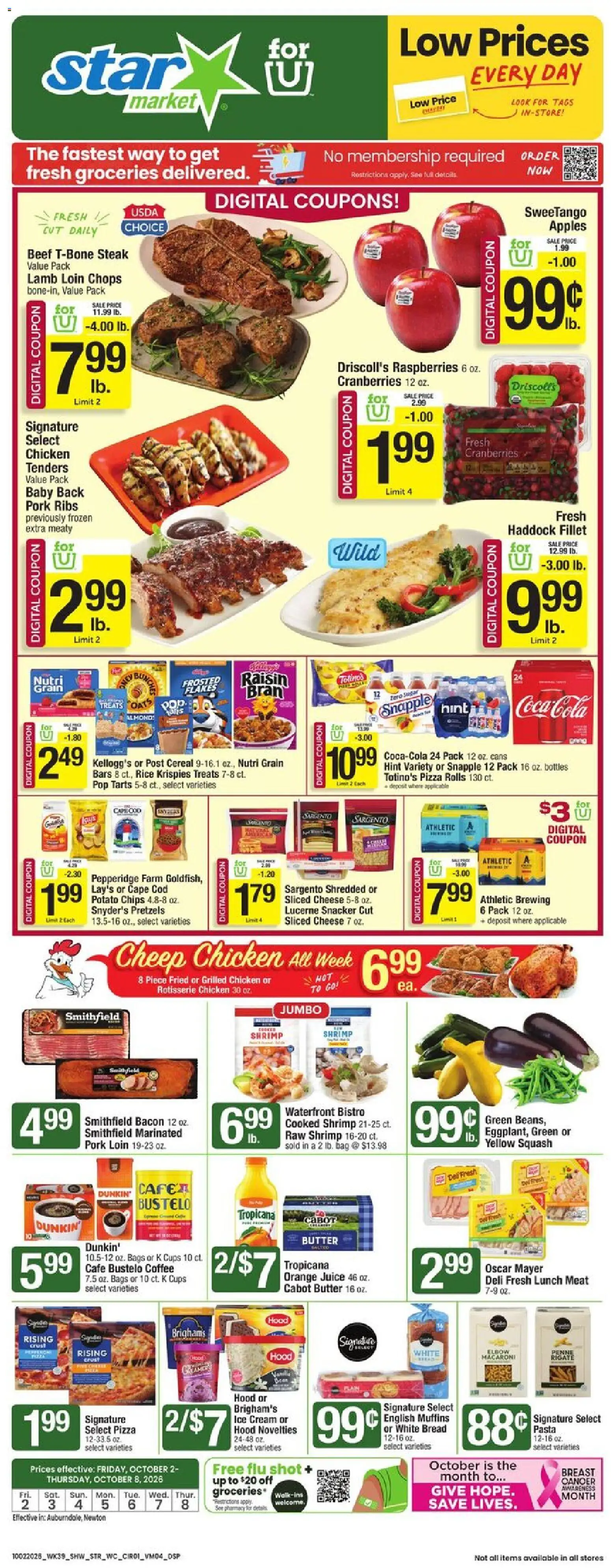Ad Preview of Star Market Star Market Weekly Ad from 10/02/2026 - Groceries, Pasta, Steak, Shrimp, Bacon, Bag, Pork loin, Chicken