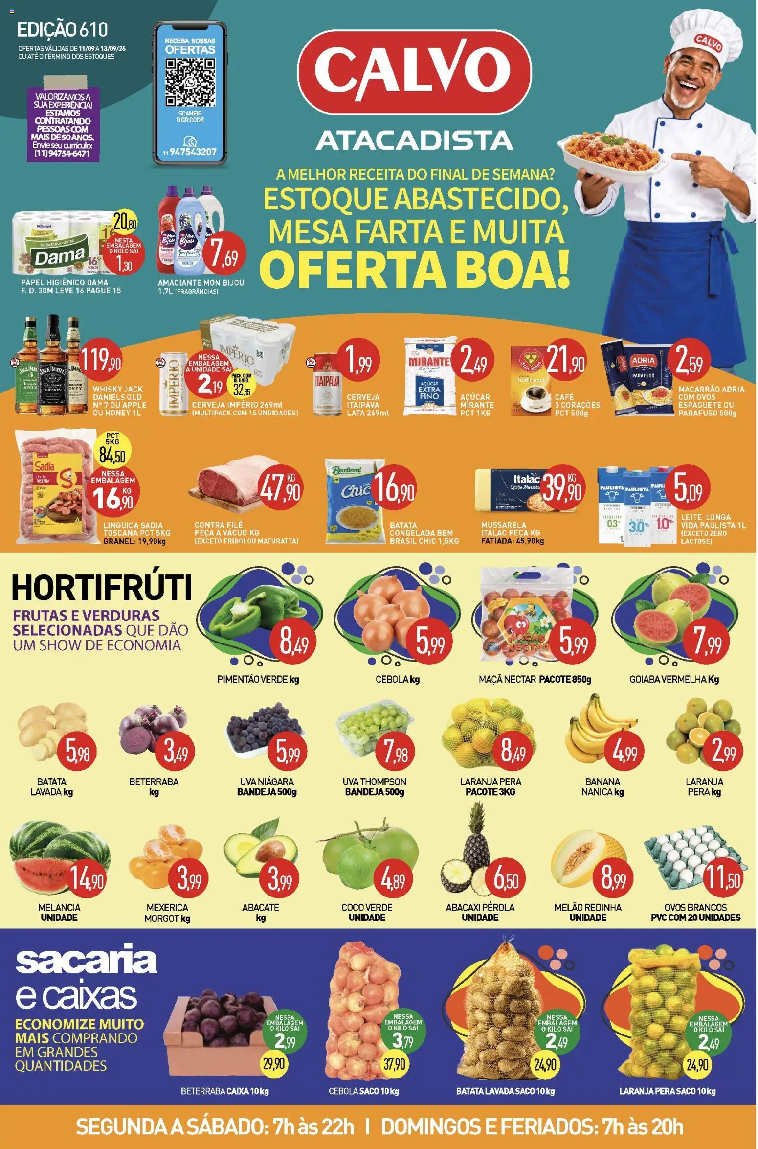 Pré-Visualização do folheto "Calvo Atacadista - Ofertas da semana" da loja Calvo Atacadista válido a partir de 11/09/2026 - Coco, Frutas, Leite, Mussarela, Pera, Abacate, Linguiça, Bandeja