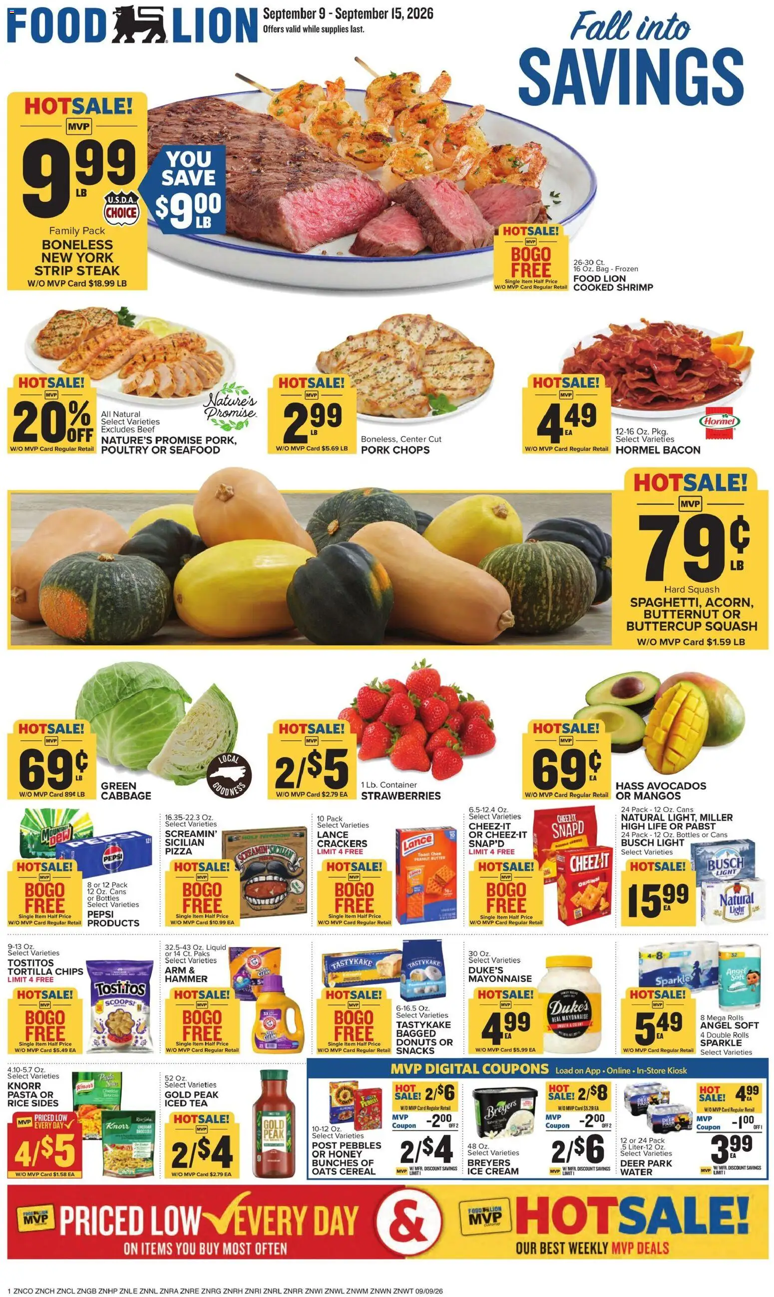 Ad Preview of Food Lion Food Lion Weekly Ad from 09/09/2026 - Ice cream, Pasta, Ice, Cabbage, Crackers, Hammer, Pork, Mayonnaise