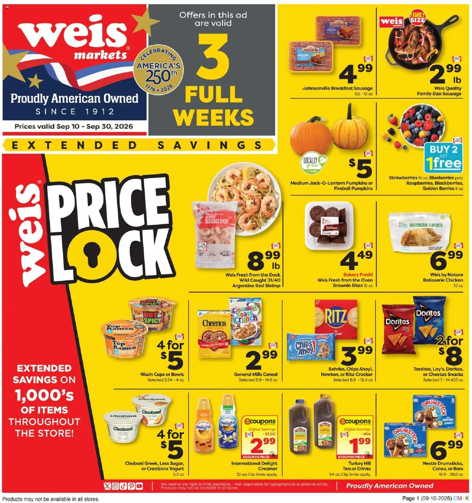Ad Preview of Weis Weis Monthly Ad from 09/10/2026 - Bakery, Tea, Snacks, Blueberries, Oven, Clip, Brownie Bites, Chicken