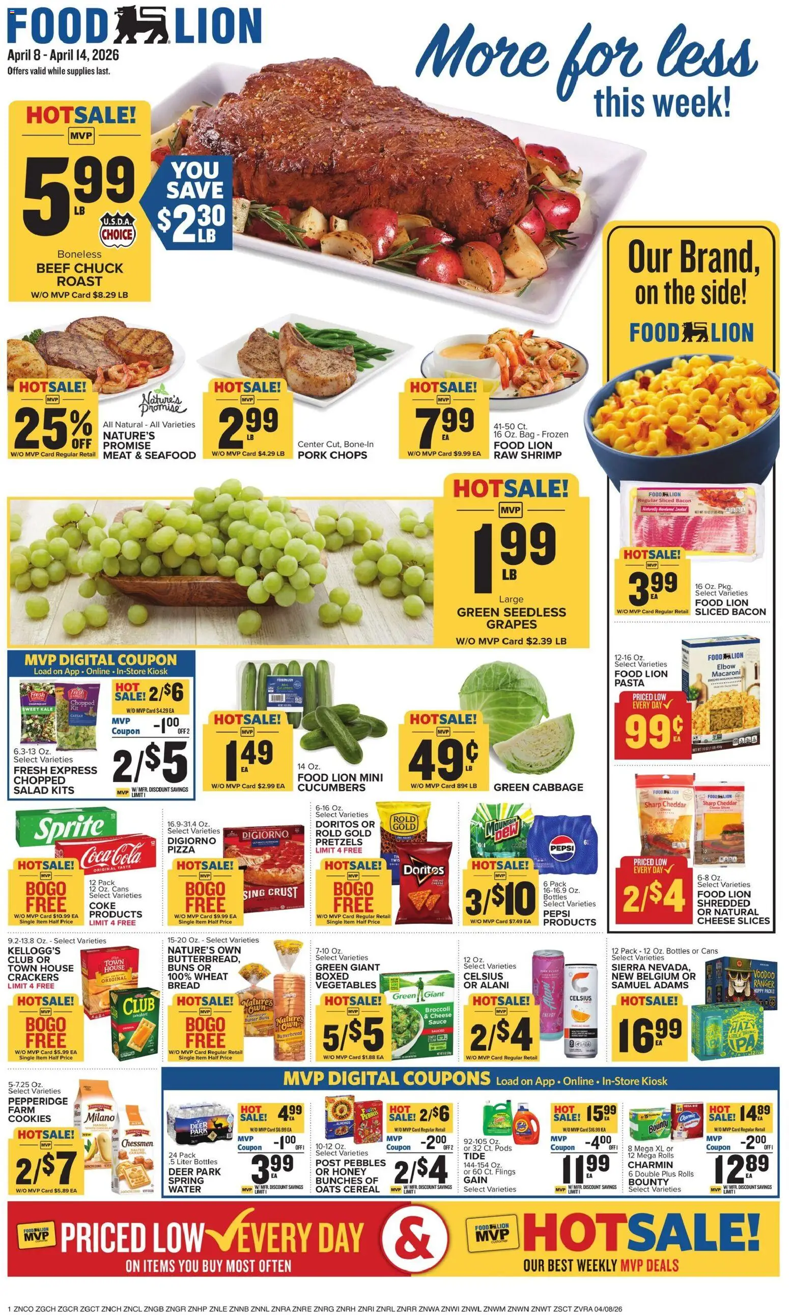Ad Preview of Food Lion Food Lion Weekly Ad from 04/08/2026 - Cookies, Pasta, Vegetables, Bread, Shrimp, Meat, Pork, Beef chuck