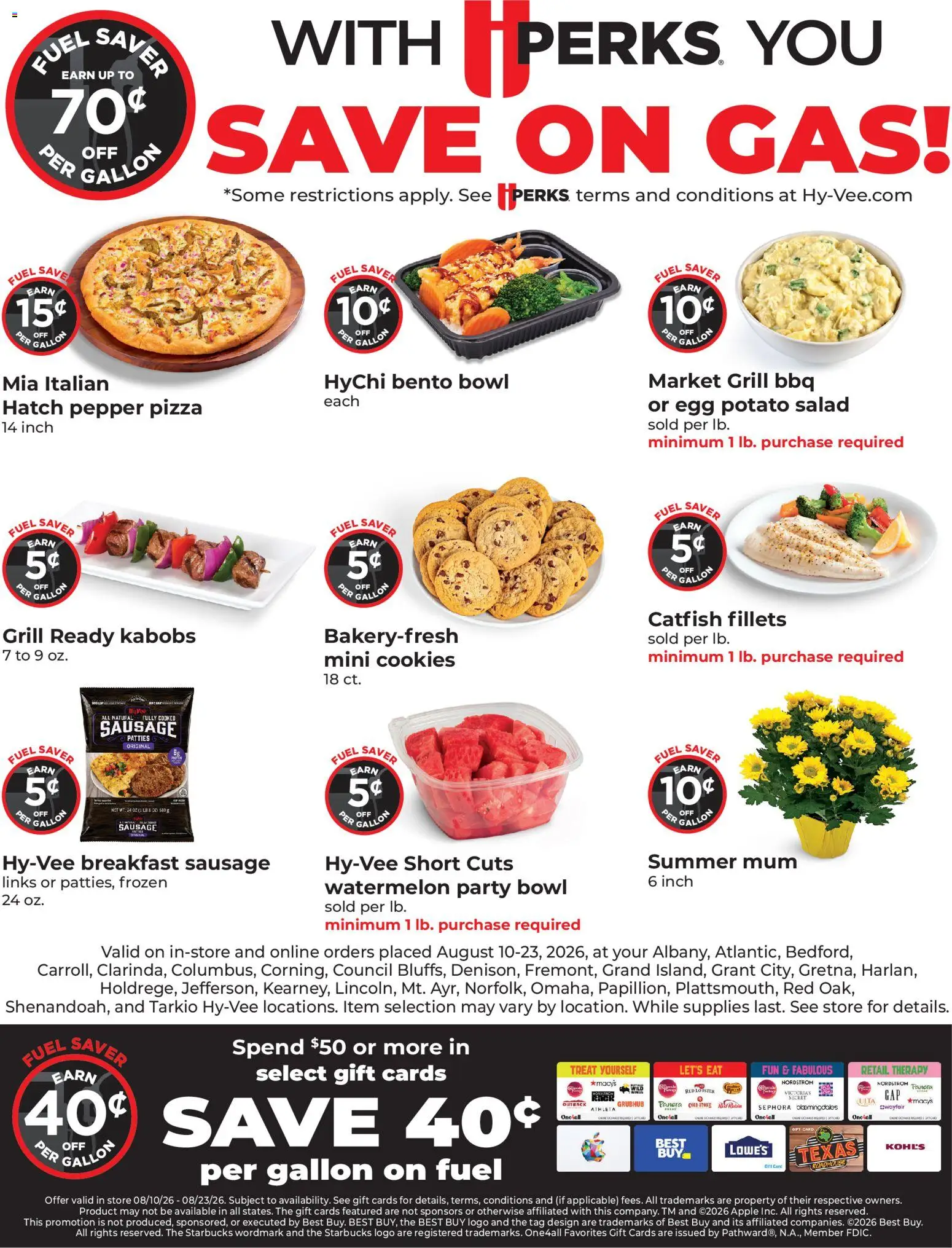 Ad Preview of HyVee HyVee More Fuel Saver from 08/12/2026 - Pizza, Cookies, Salad, Grill, Watermelon, Pepper, Sausage, Potato salad