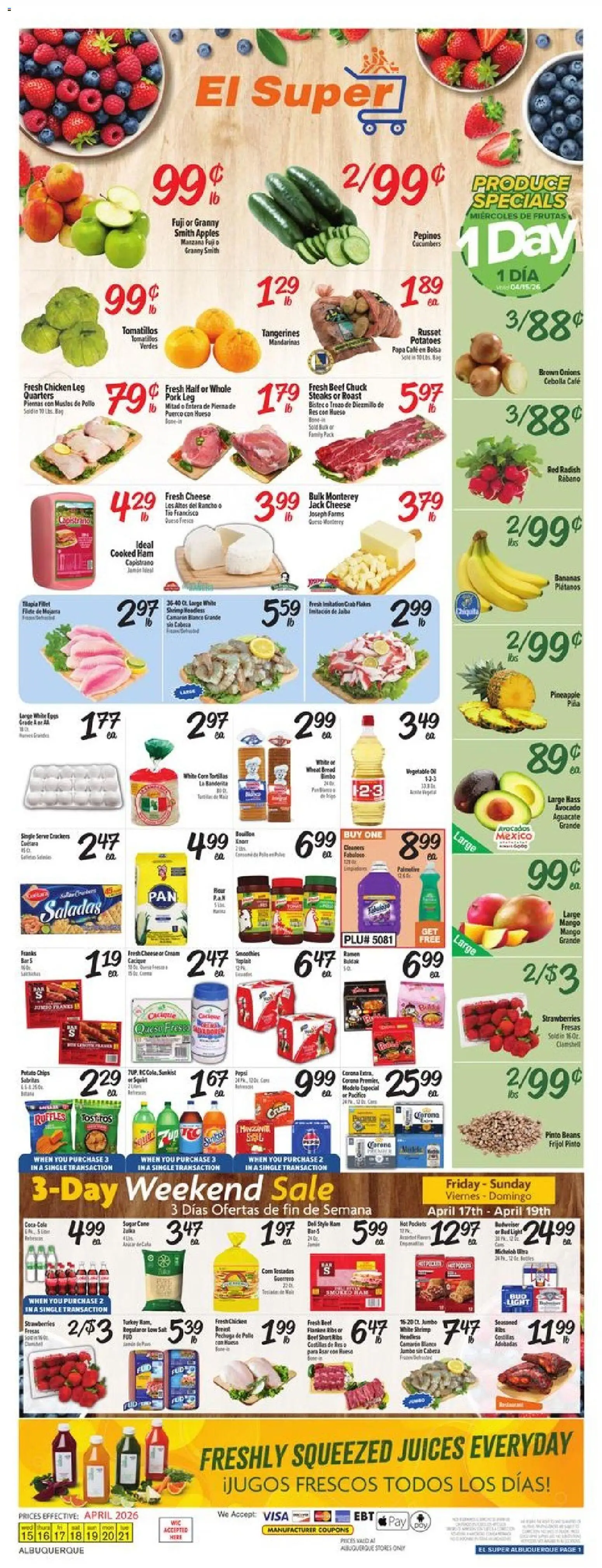 Ad Preview of El Super El Super Weekly Ad - NM from 04/15/2026 - Mango, Strawberries, Avocado, Potatoes, Pineapple, Pork, Beef chuck, Pork leg