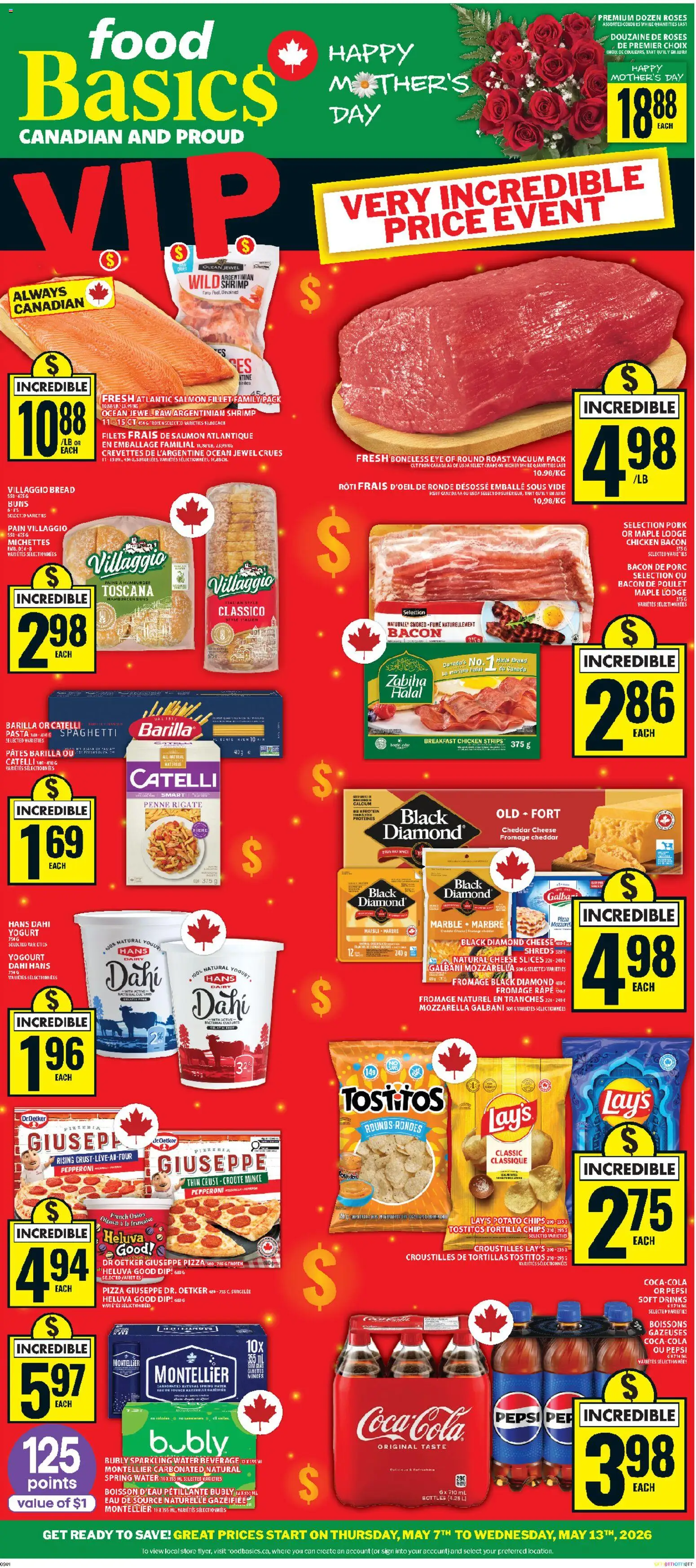Preview of leaflet Food Basics weekly flyer - Kanata from shop Food Basics is valid from May 07, 2026 - Pizza, Drinks, Chips, Shrimp, Pepsi, Pork, Cheddar, Fillet