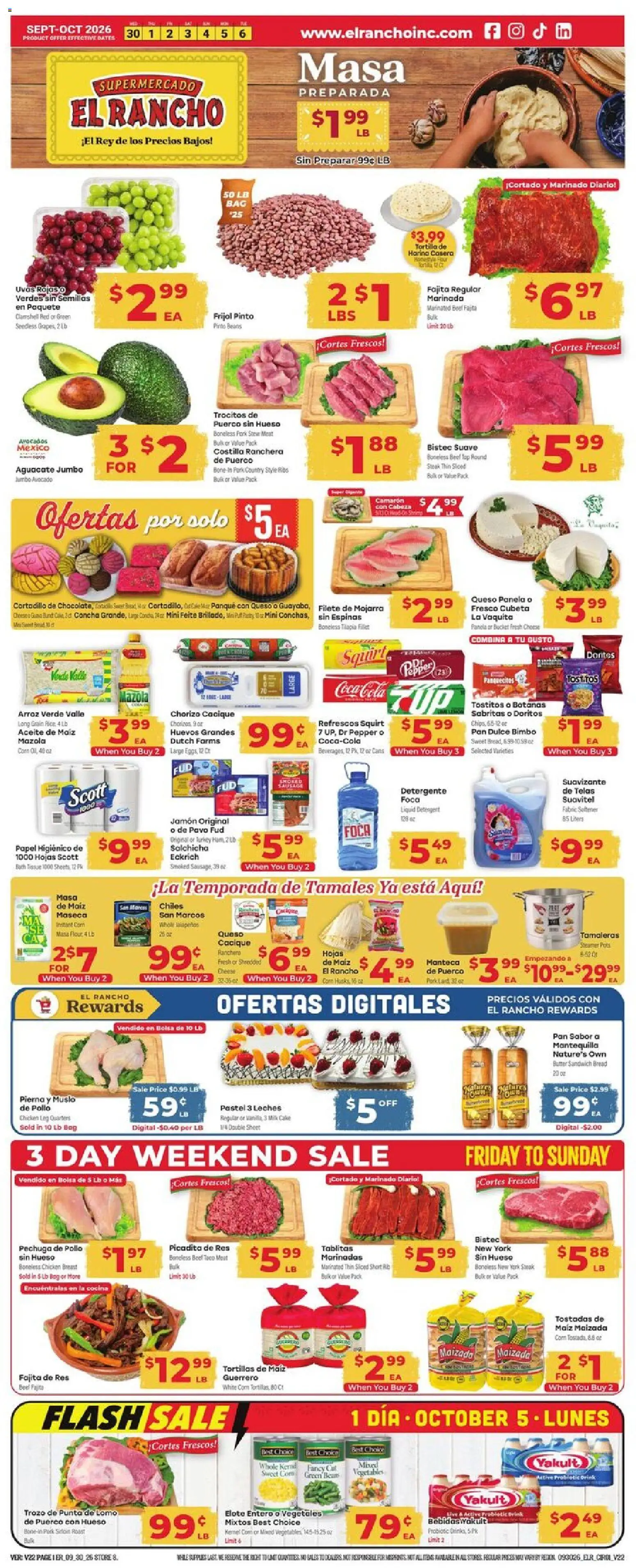 Ad Preview of El Rancho El Rancho Weekly Ad from 09/30/2026 - Cheese, Bread, Tilapia, Pepper, Beans, Pork, Steamer, Chicken