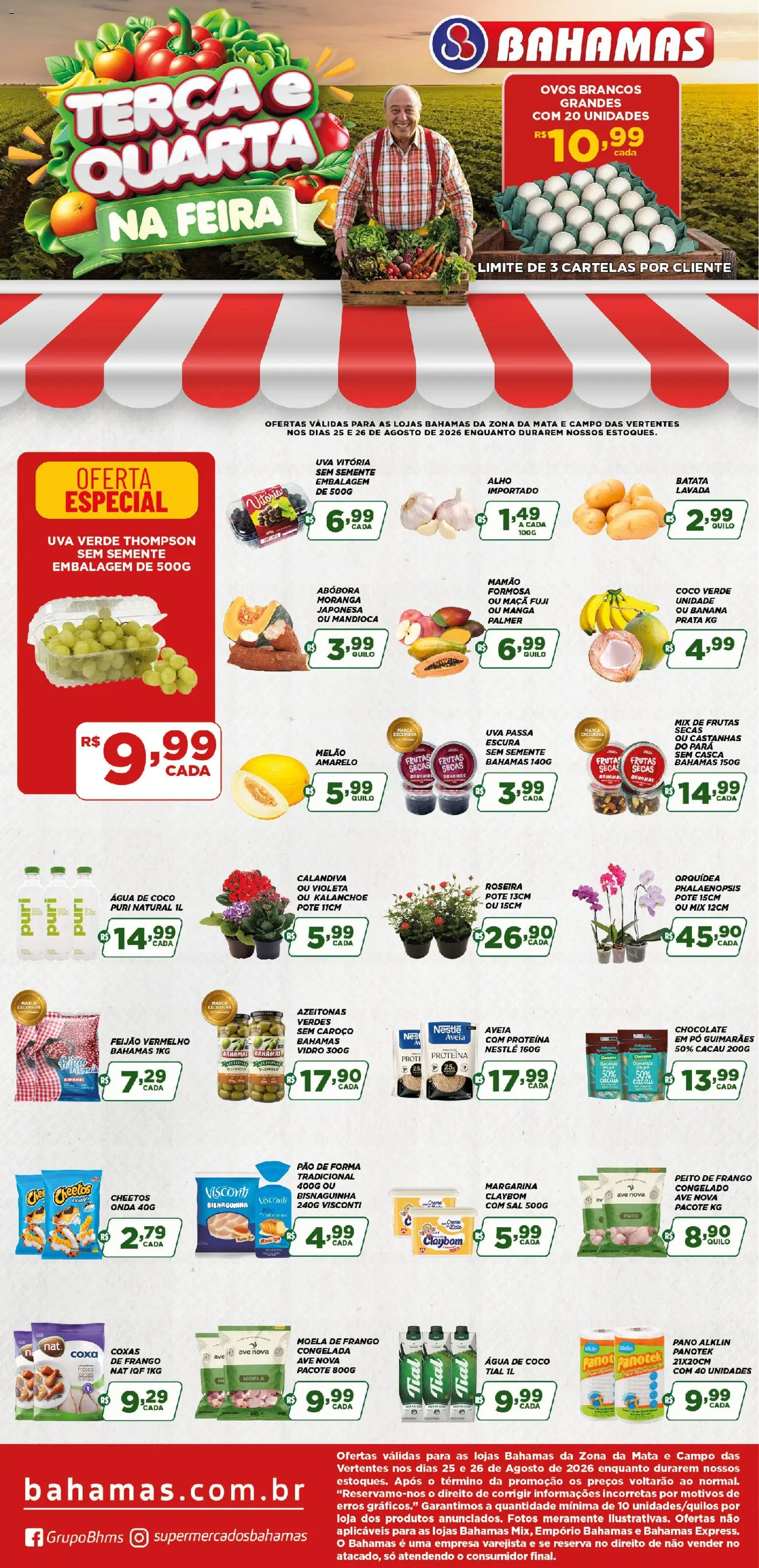 Pré-Visualização do folheto "Bahamas Supermercados ofertas Terça e Quarta na Feira" da loja Bahamas Supermercados válido a partir de 25/08/2026 - Coco, Abóbora, Feijão, Aveia, Proteína, Creme, Azeitonas, Uva passa
