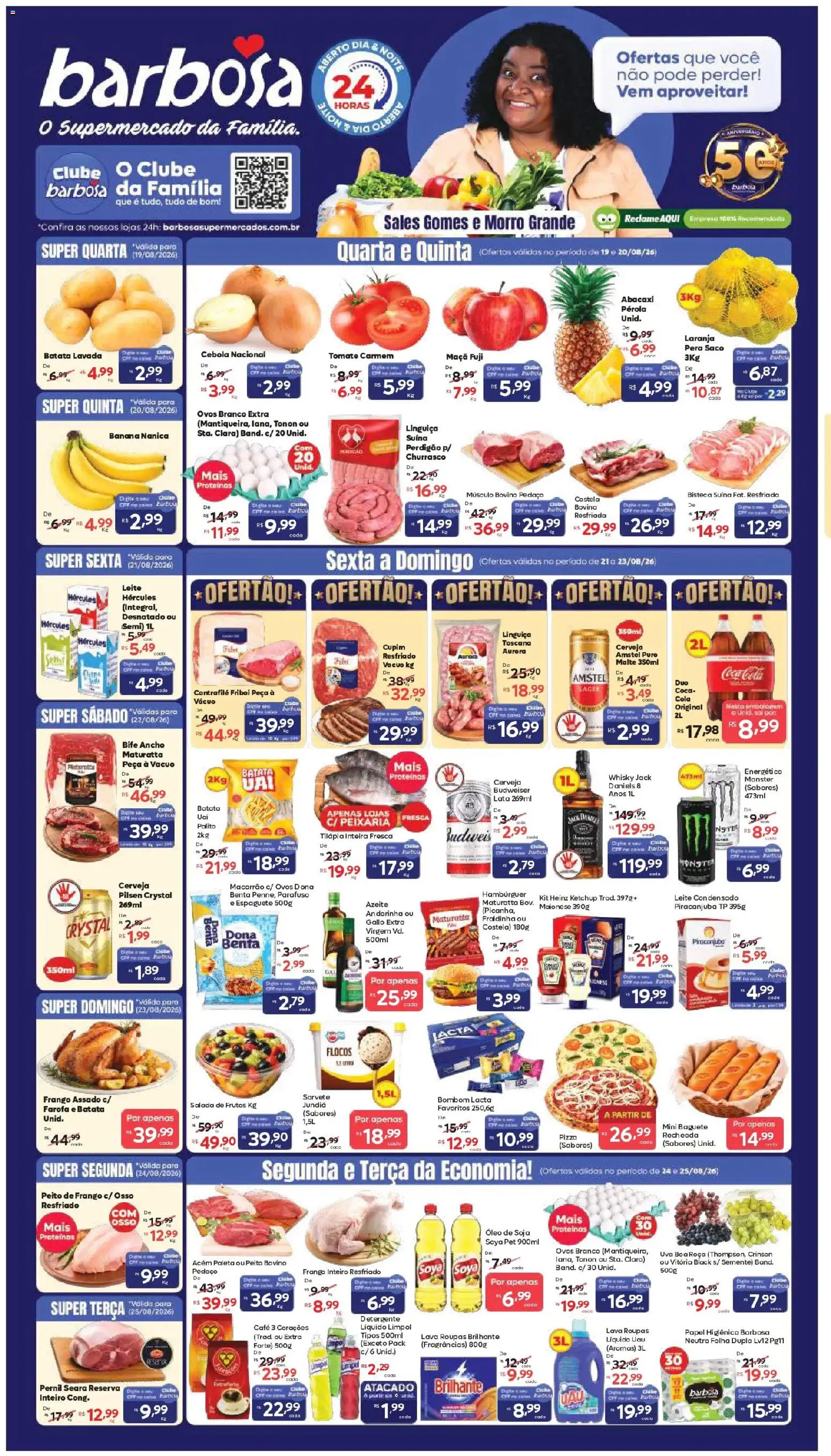 Pré-Visualização do folheto "Barbosa Supermercados ofertas Tatui" da loja Barbosa Supermercados válido a partir de 19/08/2026 - Pizza, Macarrão, Monster, Leite condensado, Uva, Abacaxi, Leite, Cola