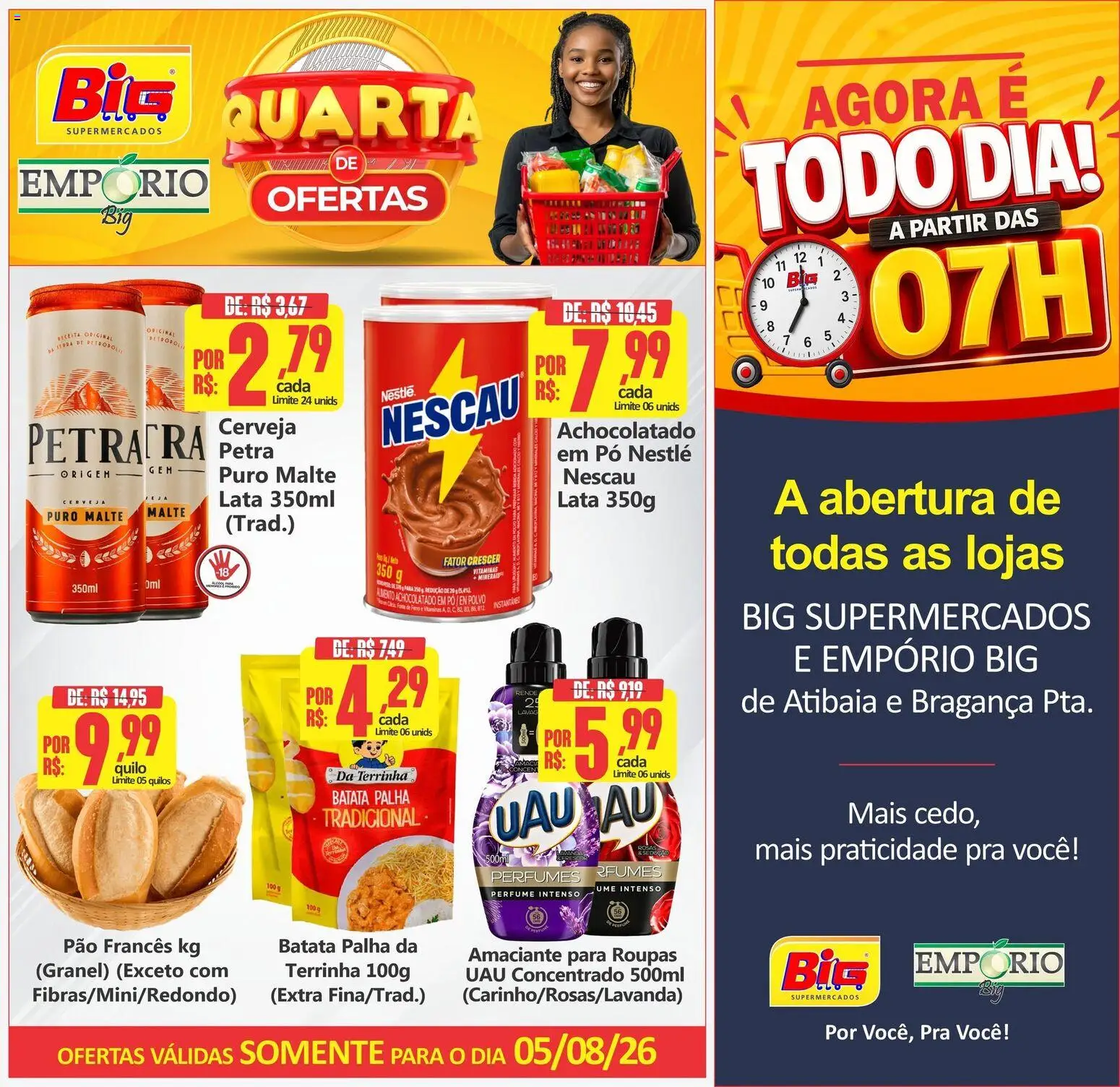 Pré-Visualização do folheto "Big Supermercados ofertas do Dia" da loja Big Supermercados válido a partir de 05/08/2026 - Perfume, Perfumes, Pão, Polvo, Batata, Amaciante, Batata palha, Achocolatado