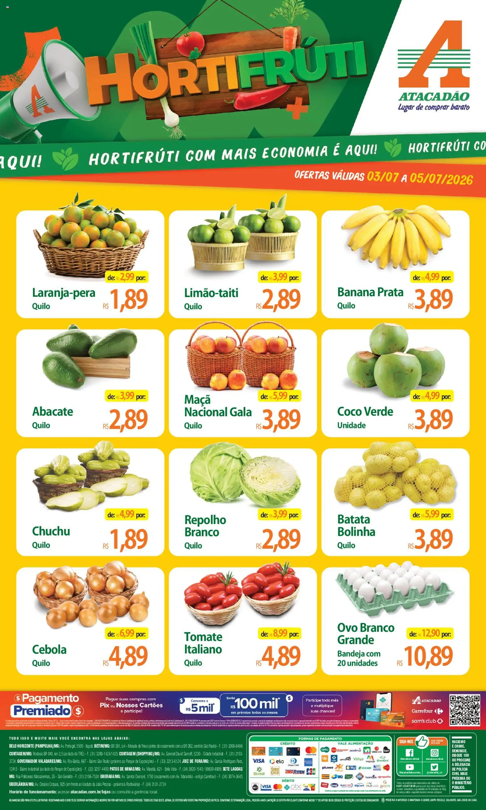 Pré-Visualização do folheto "Atacadão ofertas - MG" da loja Atacadão válido a partir de 03/07/2026 - Coco, Chuchu, Batata, Tomate, Abacate, Cebola, Repolho, Bandeja